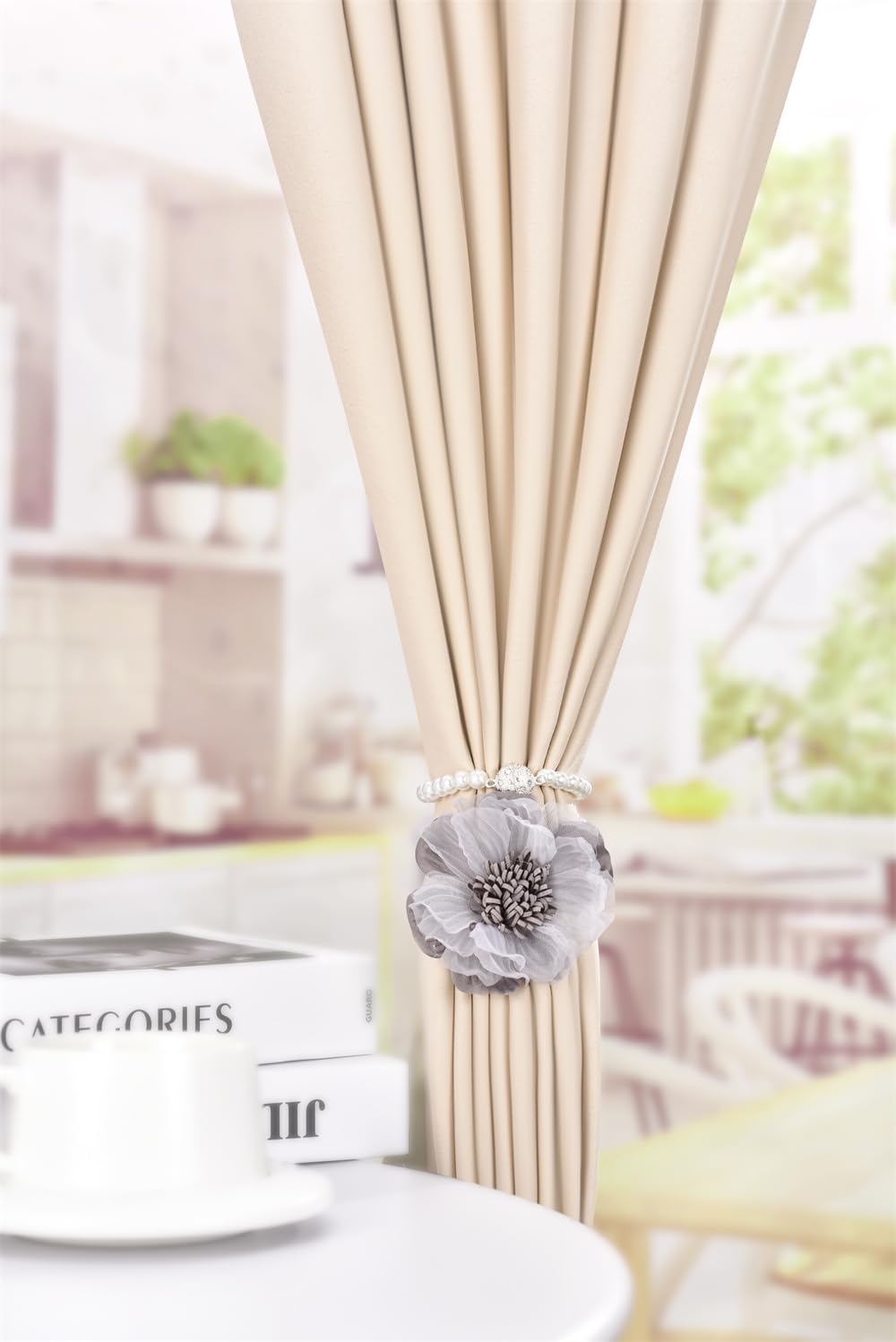 Elegant Pearl Magnetic Curtain Tieback with Handmade Flower Decorative Drapery Holdbacks Rope Holder