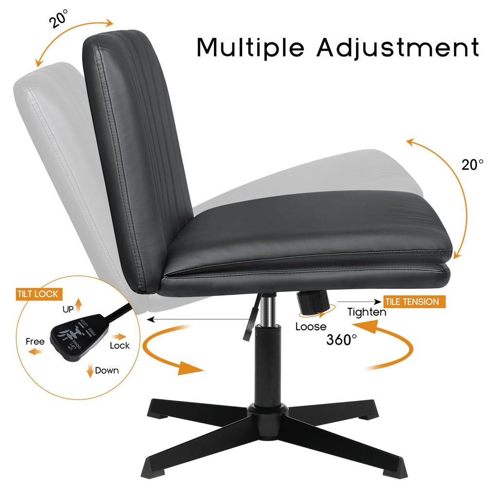 Criss Cross Chair, Armless Cross Legged Office Desk Chair No Wheels, Fabric Padded Modern Swivel Height Adjustable Mid Back Wide Seat