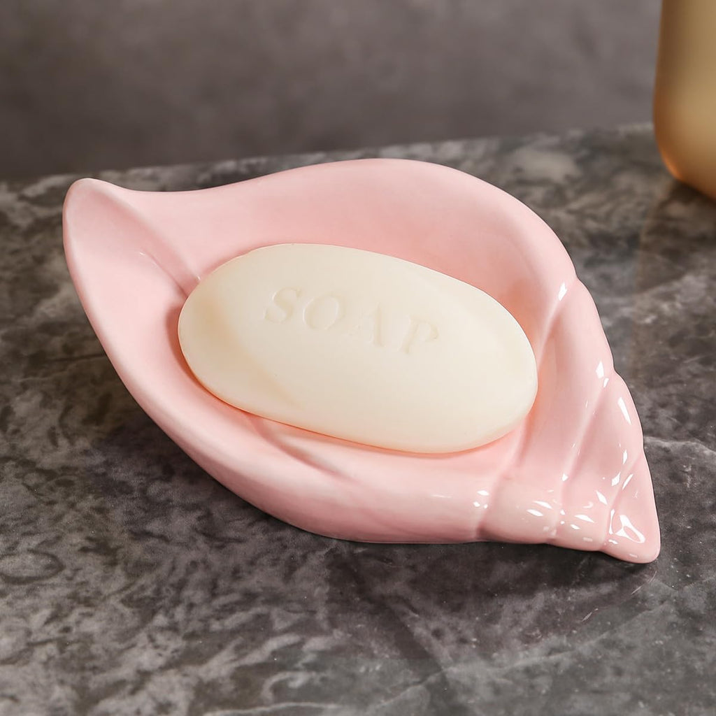 Sea-Shell Soap Holder, Ceramic Soap Tray with Self Draining, Soap Tray for Sink Washroom Bathroom Shower, Small Cute and Elegant Holder with Glaze