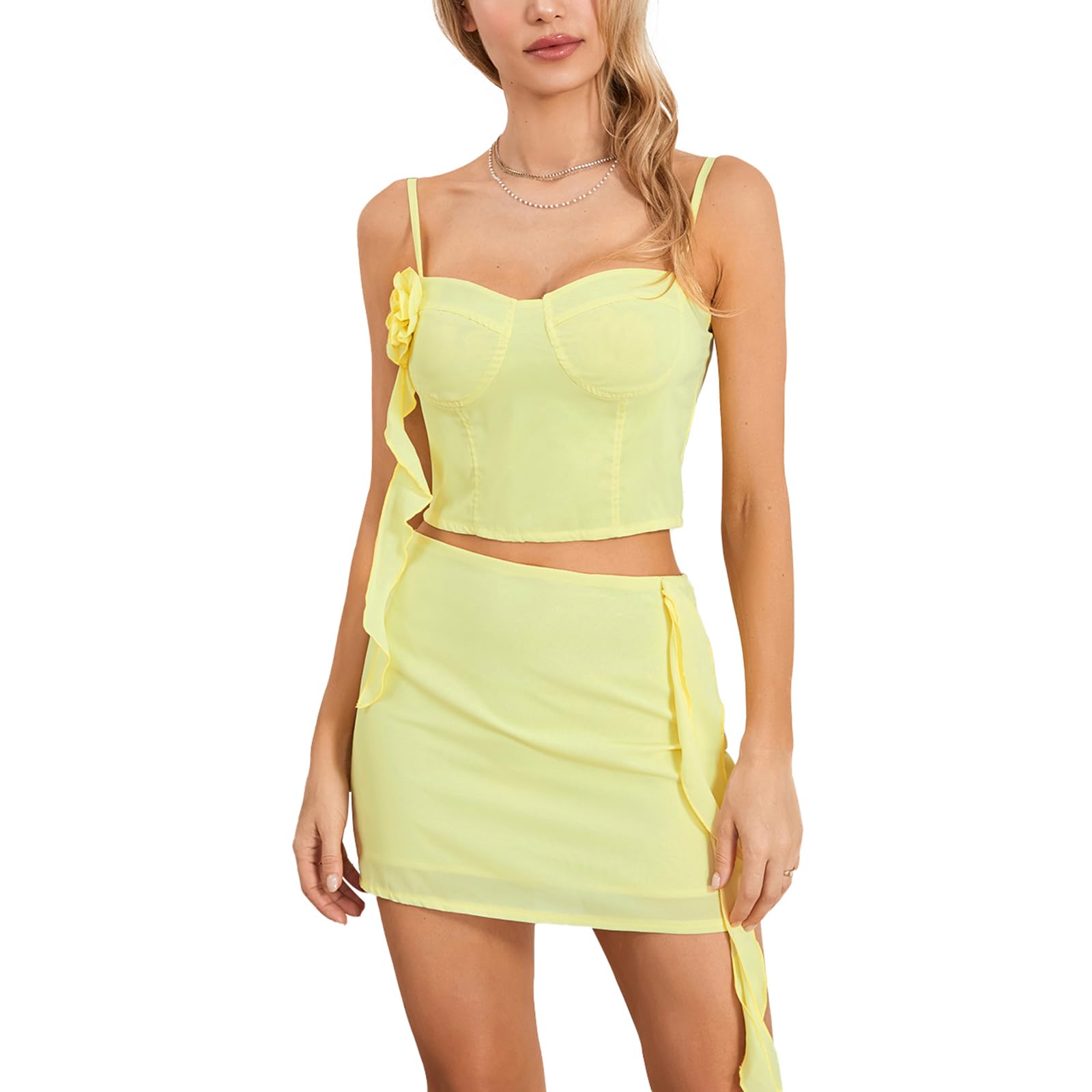 Women Y2k Ruffle 2 Piece Skirt Set Sexy Lace Mesh Crop Top and Mini Skirt Set Outfits