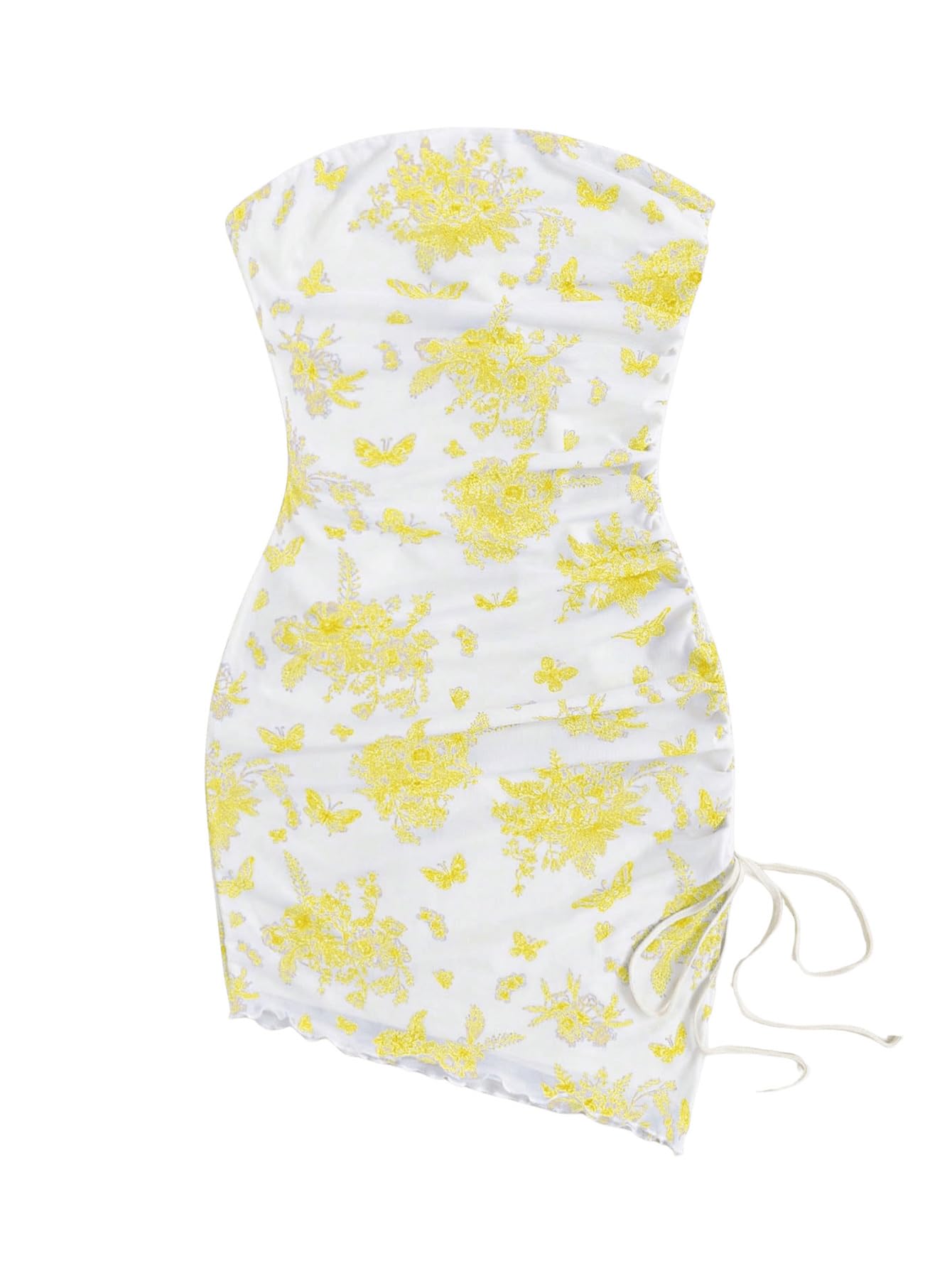 Women's Boho Floral Mini Tube Dress Ruched Asymmetrical Bodycon Dresses