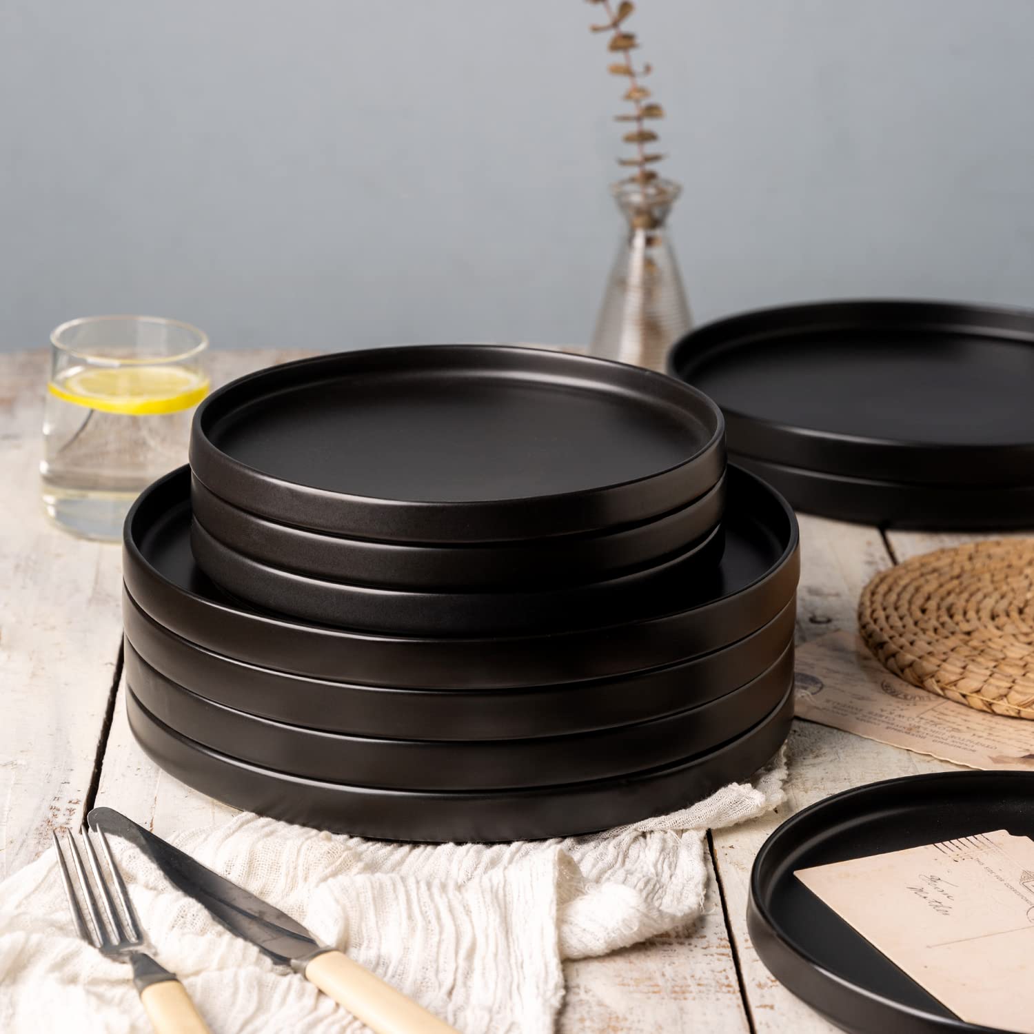 Ceramic Dinnerware Sets for 4, Modern Flat Stoneware Plates and Bowls Sets,Chip and Crack Resistant | Dishwasher & Microwave Safe Dishes Set, Scratch Resistant- Service for 4 (12pc)