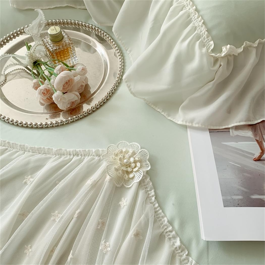 Lace Duvet Cover - Chiffon Ruffled Beddding Set with Flower, 3 Pieces Comforter Cover Set with Zipper Closure and Pillowcase