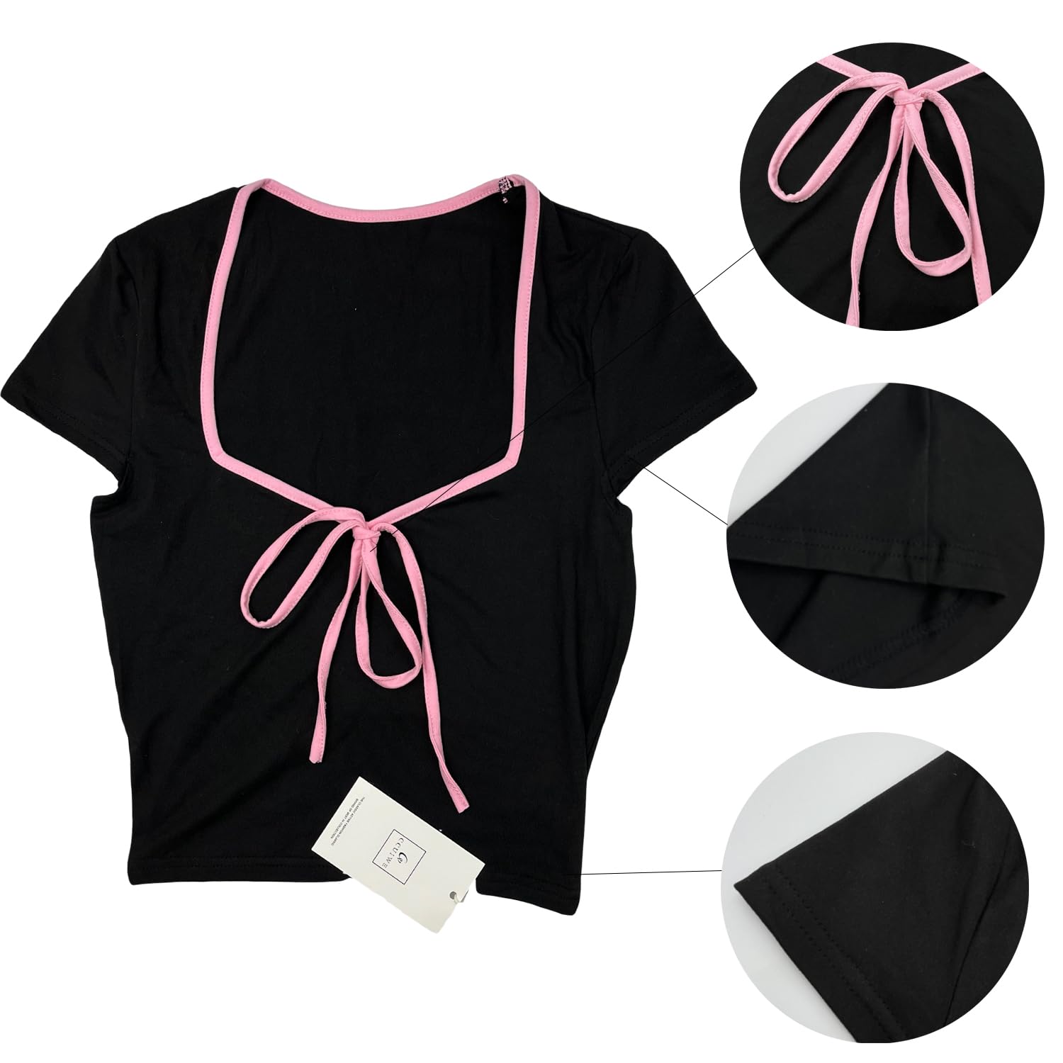 Womens Summer Short Sleeve Bow Square Neck Baby Tees Color Block Basic Crop Tops