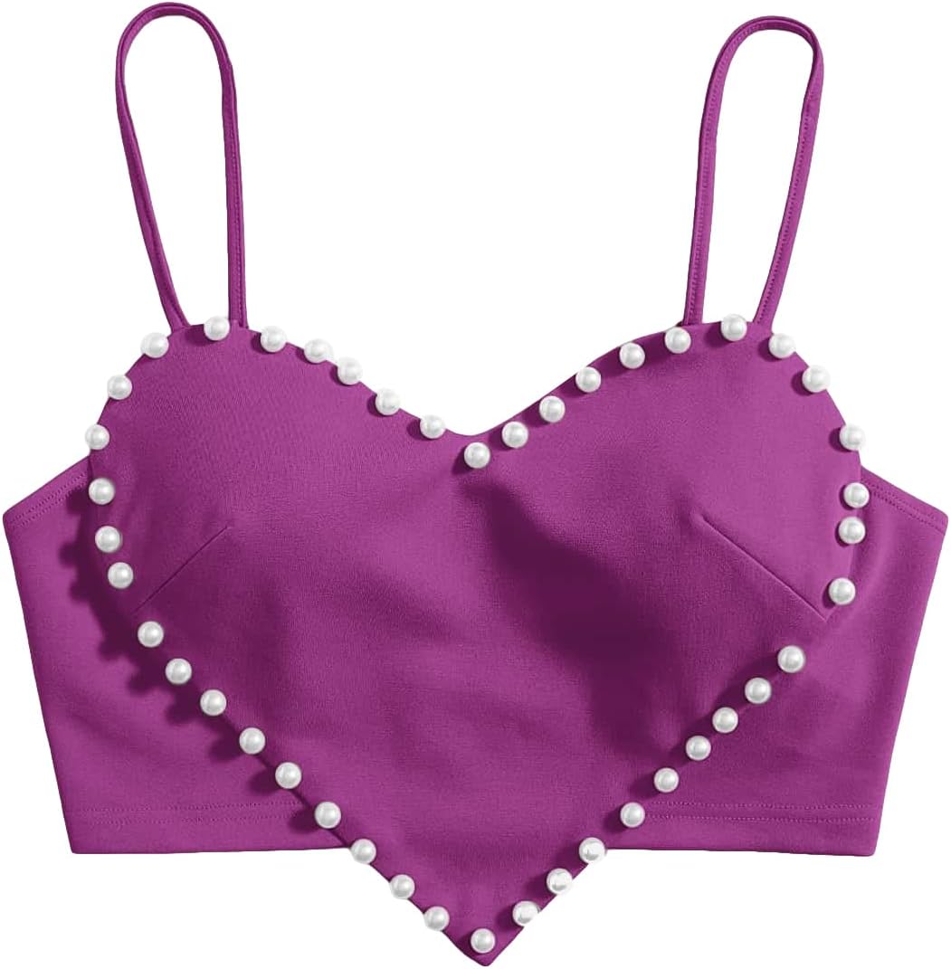 Women's Pearls Sleeveless Asymmetrical Hem Heart Crop Cami Top Sexy Camisole