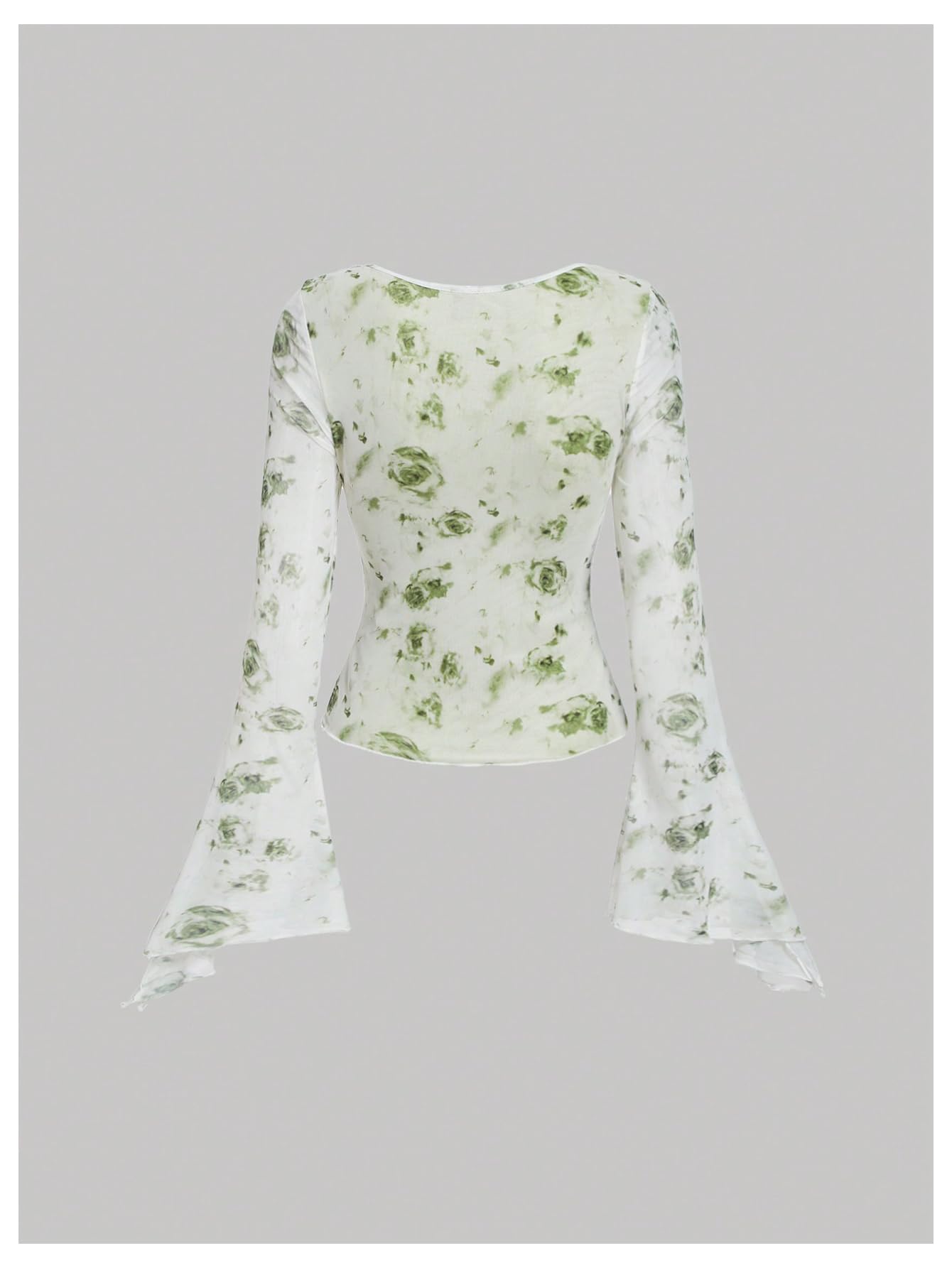 Verdusa Women's Floral Print Mesh Bell Sleeve Tie-Front Top with Lettuce Trim