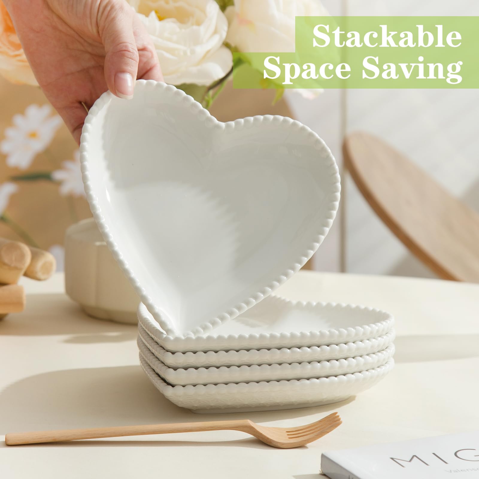 Porcelain Dessert Plates Set of 8, Heart Shaped Appetizer Plates, White Salad Dinnerware Set, White with Pearl Dots 7.5 Inch