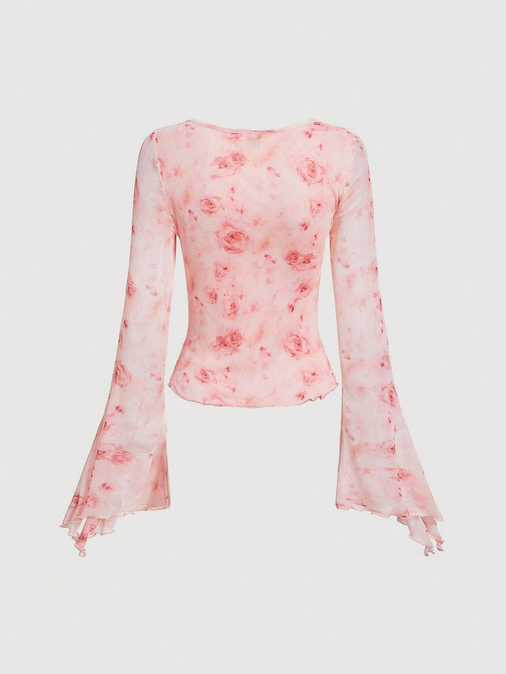 Verdusa Women's Floral Print Mesh Bell Sleeve Tie-Front Top with Lettuce Trim