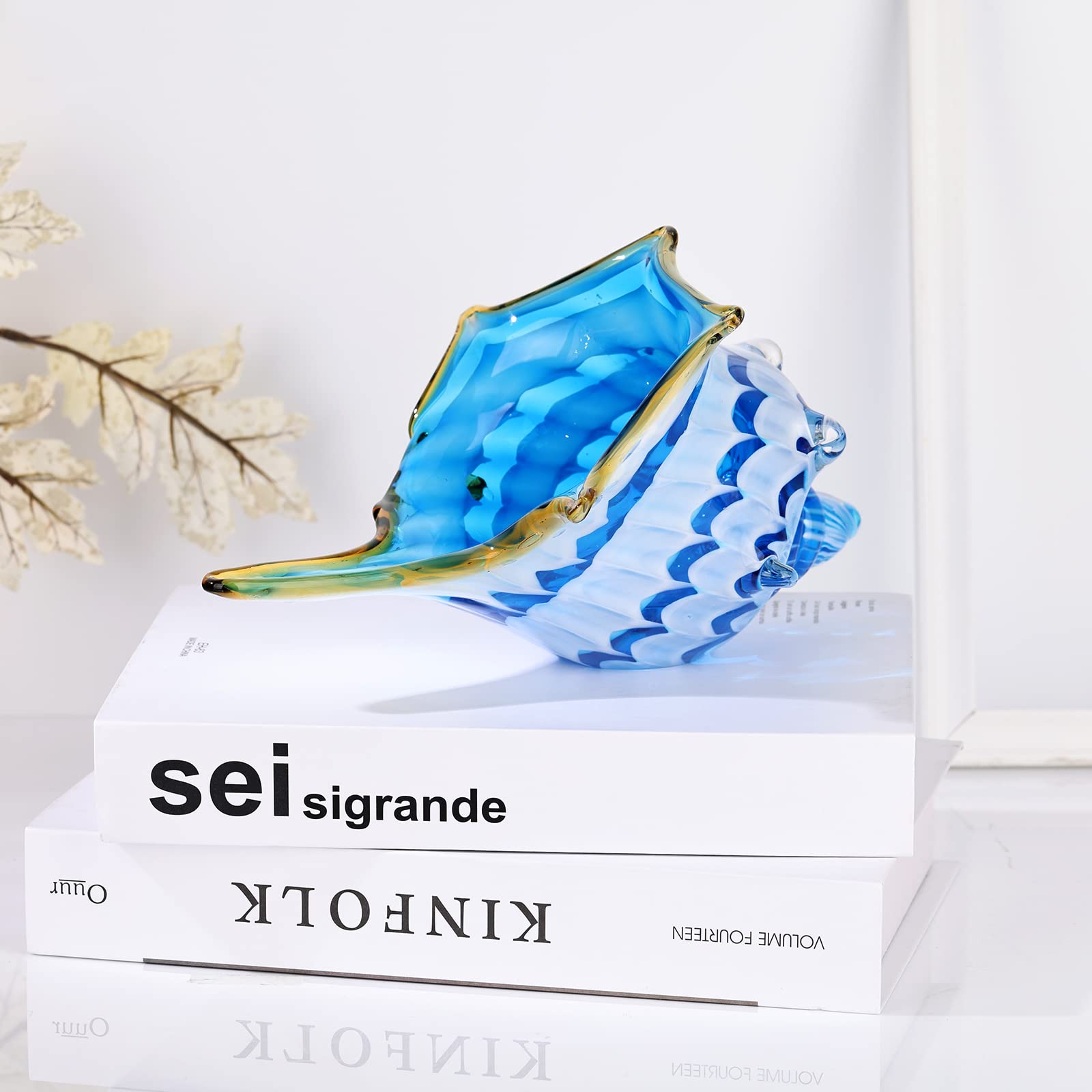 Hand Blown Glass Conch - Coastal Home Decor Conch Corners, Glass Art Conch Sculptures, Office Decor Blown Glass Art, Living Room Table Centerpieces, Bathroom Shelf Tops And Cabinet Decor