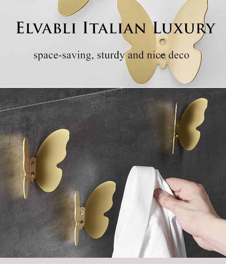 Wall Hooks Decorative, Small Modern Gold Brass Hook, Butterfly Bath Towel Hook, Coat Hat Robe Hooks for Girl's Bedroom, Stainless Steel, Wall Mounted, 2 pcs