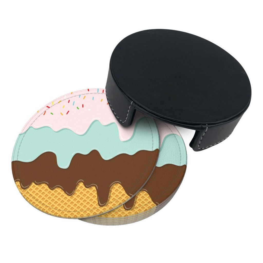 Coasters for Drinks Round Leather Coaster with Holder Set of 6 for Tabletop Protection