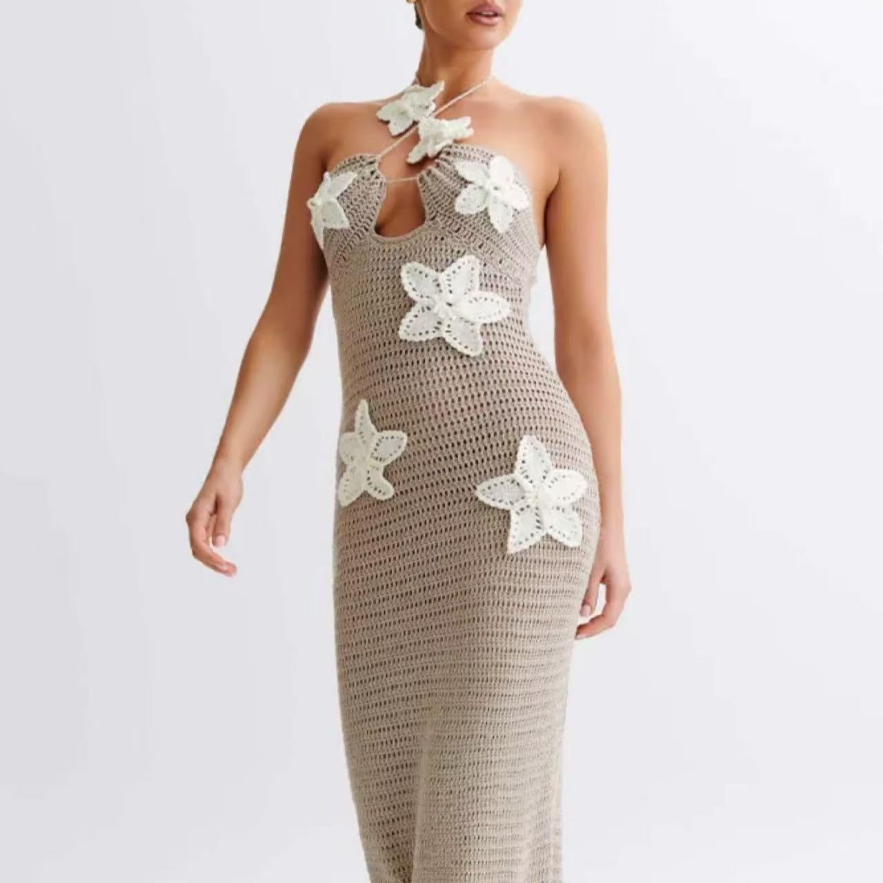 Women Halter Hollow Out Knitted Mini Dress Sexy Crochet 3D Flower Mini Dress