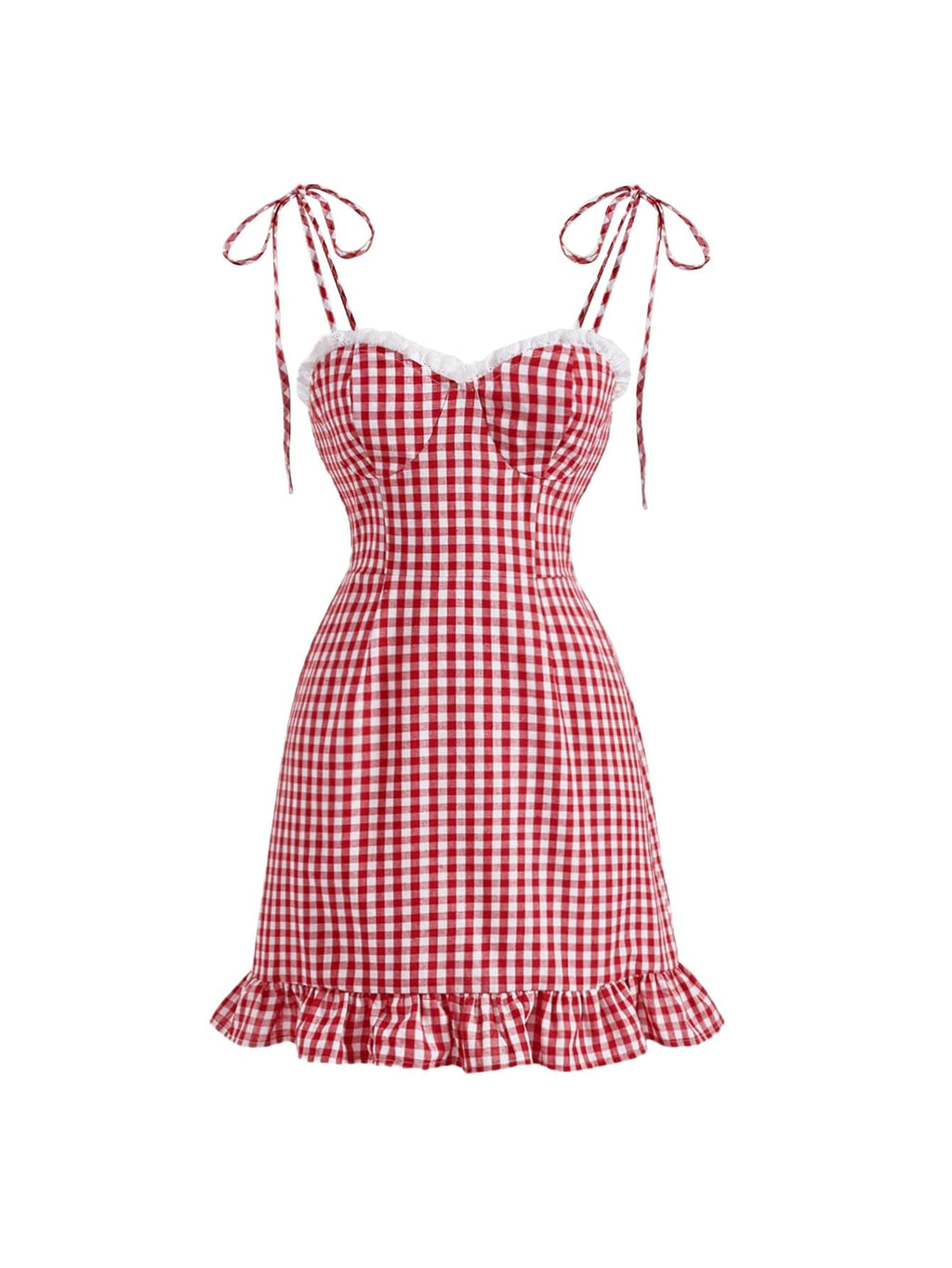 Women's Gingham Print tie Shoulder Sleeveless Ruffle Hem Cami Dress