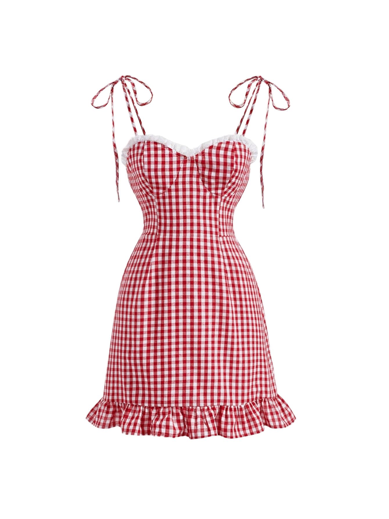 Women's Gingham Print tie Shoulder Sleeveless Ruffle Hem Cami Dress
