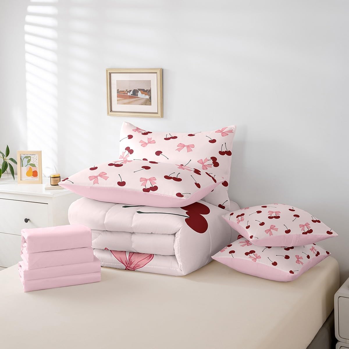 Princess Style Pink Bowknot Comforter Bedding Set, Bow Tie Pink White Dreamy Fairy Tale Bow (Comforter+Fitted+Flat Sheet+2 Pillowcases+2 Throw Pillow Covers) 7 Pieces Bed Set