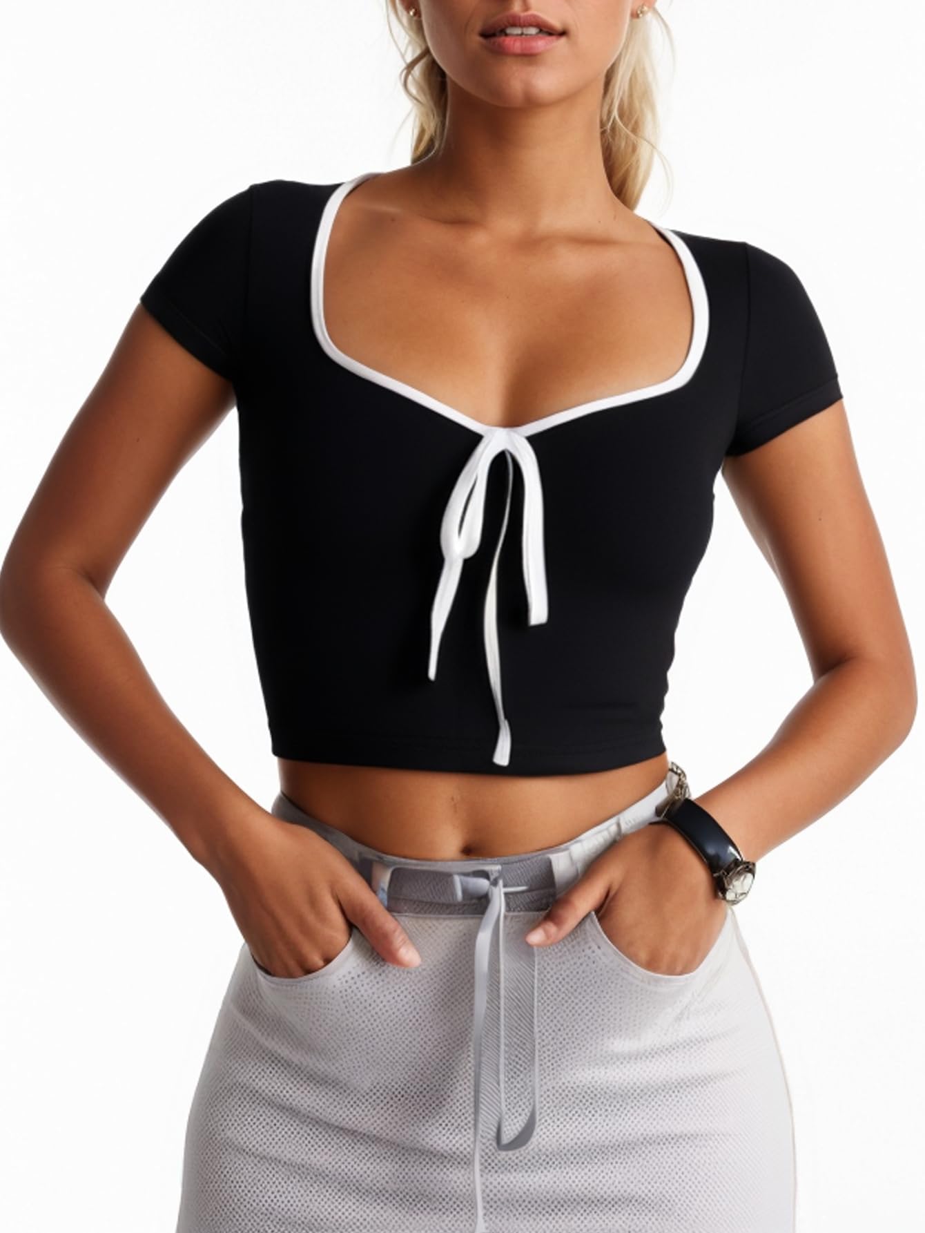 Womens Summer Short Sleeve Bow Square Neck Baby Tees Color Block Basic Crop Tops