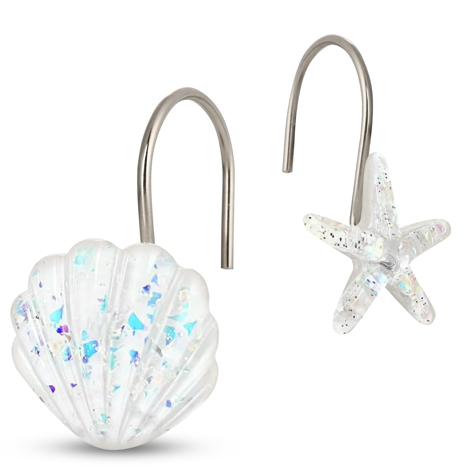 Seashell Shower Curtain Hooks, 12PCS Stainless Steel Anti Rust Starfish and Seashell Decorative Shower Hooks Ocean Theme Shower Curtain Hooks for Home Bathroom