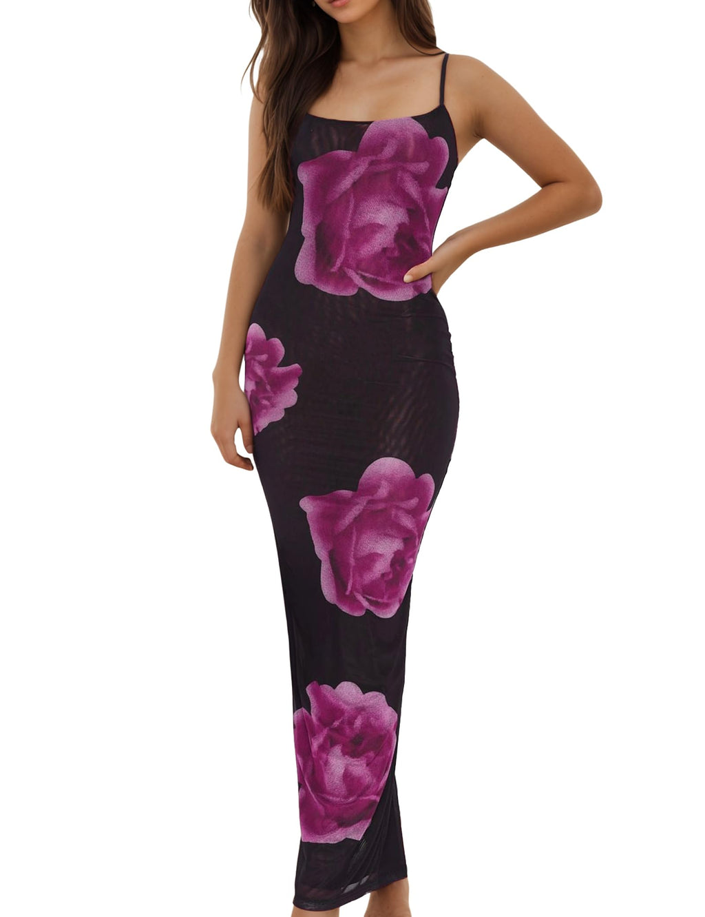 Women Sexy Backless Satin Maxi Dresses Spaghetti Strap Floral Print Dresses Slim Fit Elegant Long Dresses Night Party Outfits