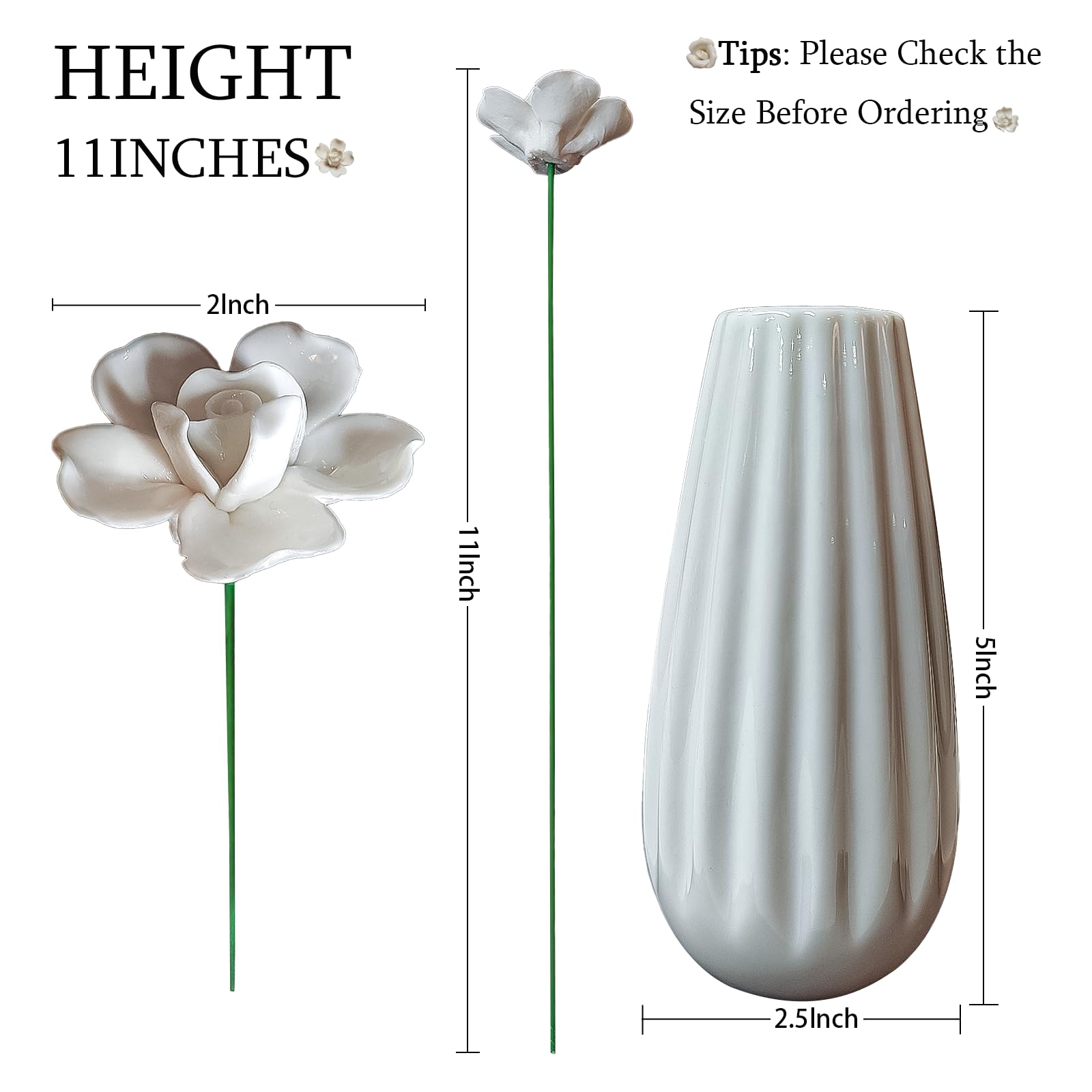 Handmade Ceramic Roses with Vase Set - 8 Artificial Porcelain Flowers and Modern Vase, Non-Fade Wedding Table Centerpiece, Eco-Friendly Home Décor for Living Room, Gift Box Included