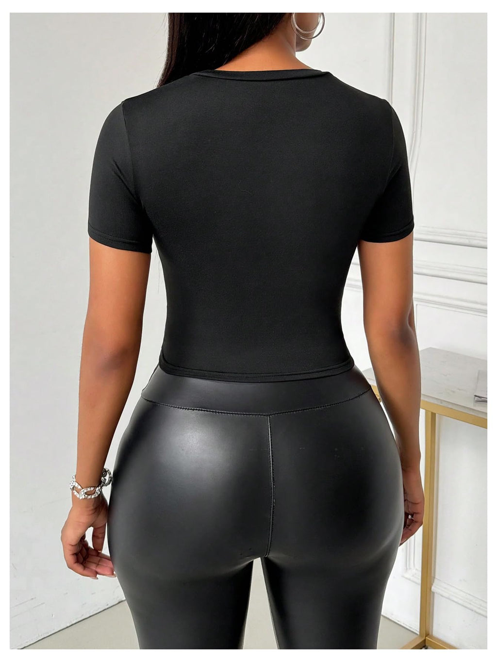 Women's Heart Rhinestone Cut Out Tee Shirts Casual Slim Fit Rib Knit Tops