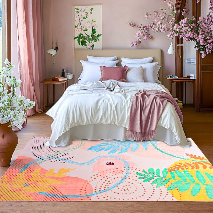 Faux Wool Boho Floral Area Rug Abstract Print Soft Carpet, TPR Non-Slip Backing, Machine Washable Low Pile Rug