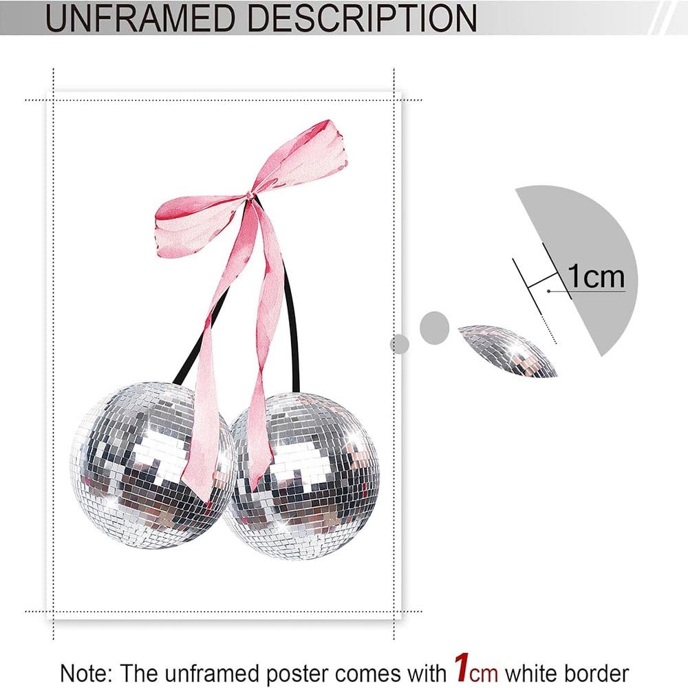 Trendy Pink Bow Disco Ball Posters White Cherry Canvas Wall Art Funky Coquette Bow Ribbon Preppy Aesthetic Prints Painting