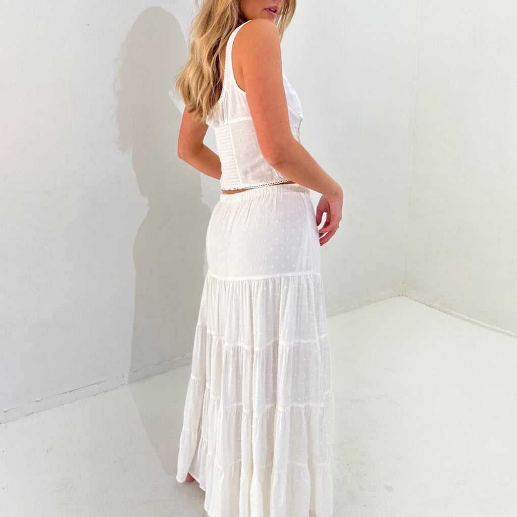 Women 2 Piece Outfits Y2k Sleeveless Lace Trim Cami Tops and Ruffle Ruched Maxi Skirt Matching Set