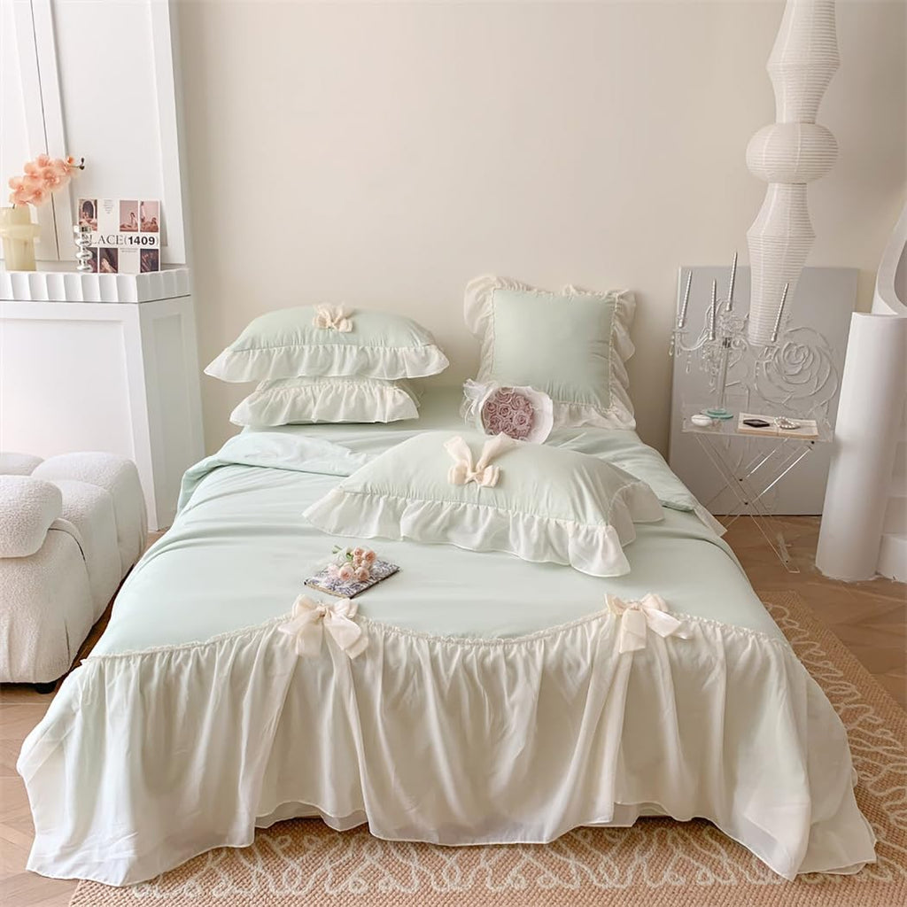 Ruffle Duvet Cover Bedding Set with Bowtie, 2 Pieces Comforter Cover Set with Zipper Closure with Pillowcase