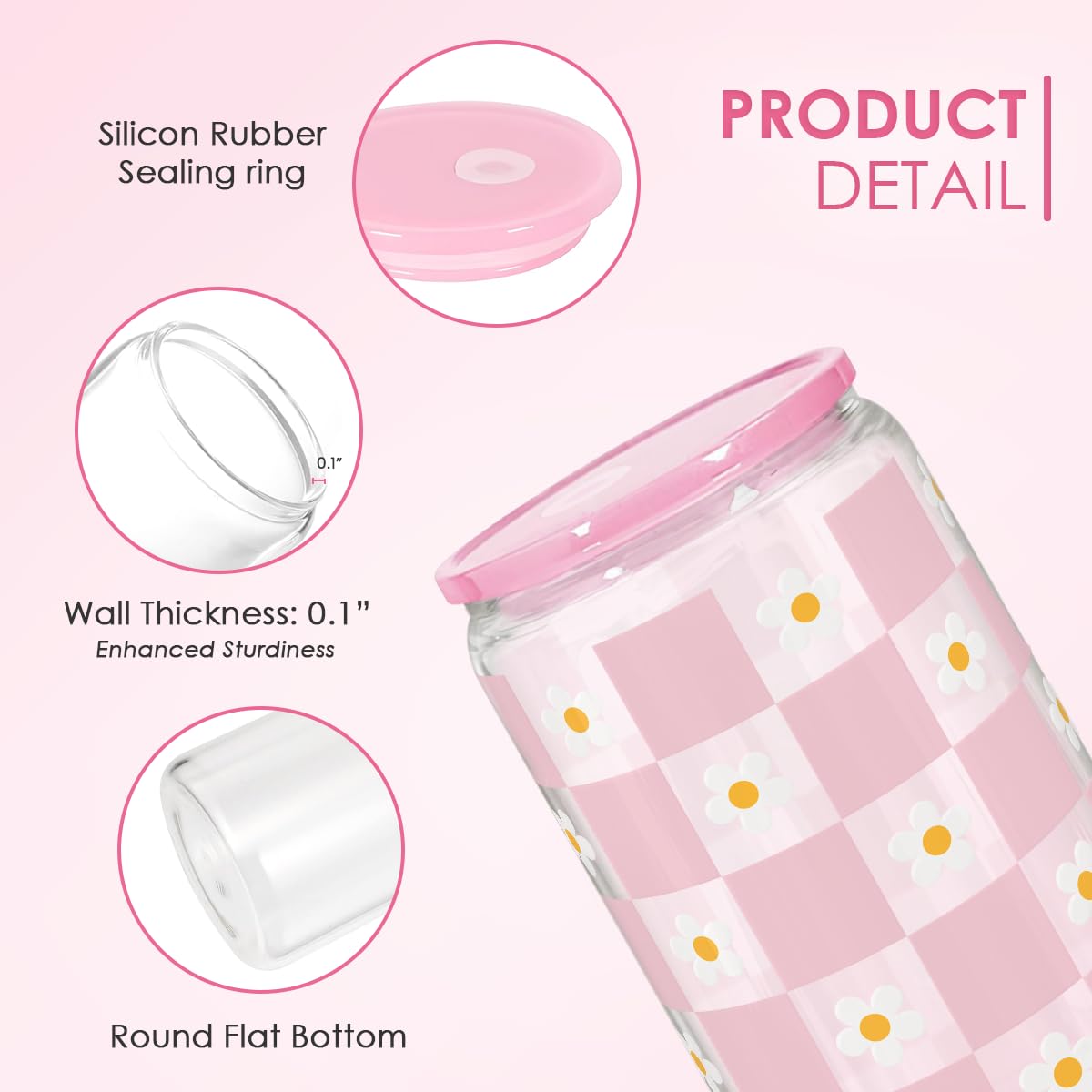 Glass Cup with Lid & Straw, Iced Coffee Aesthetic Glass Can, 16oz