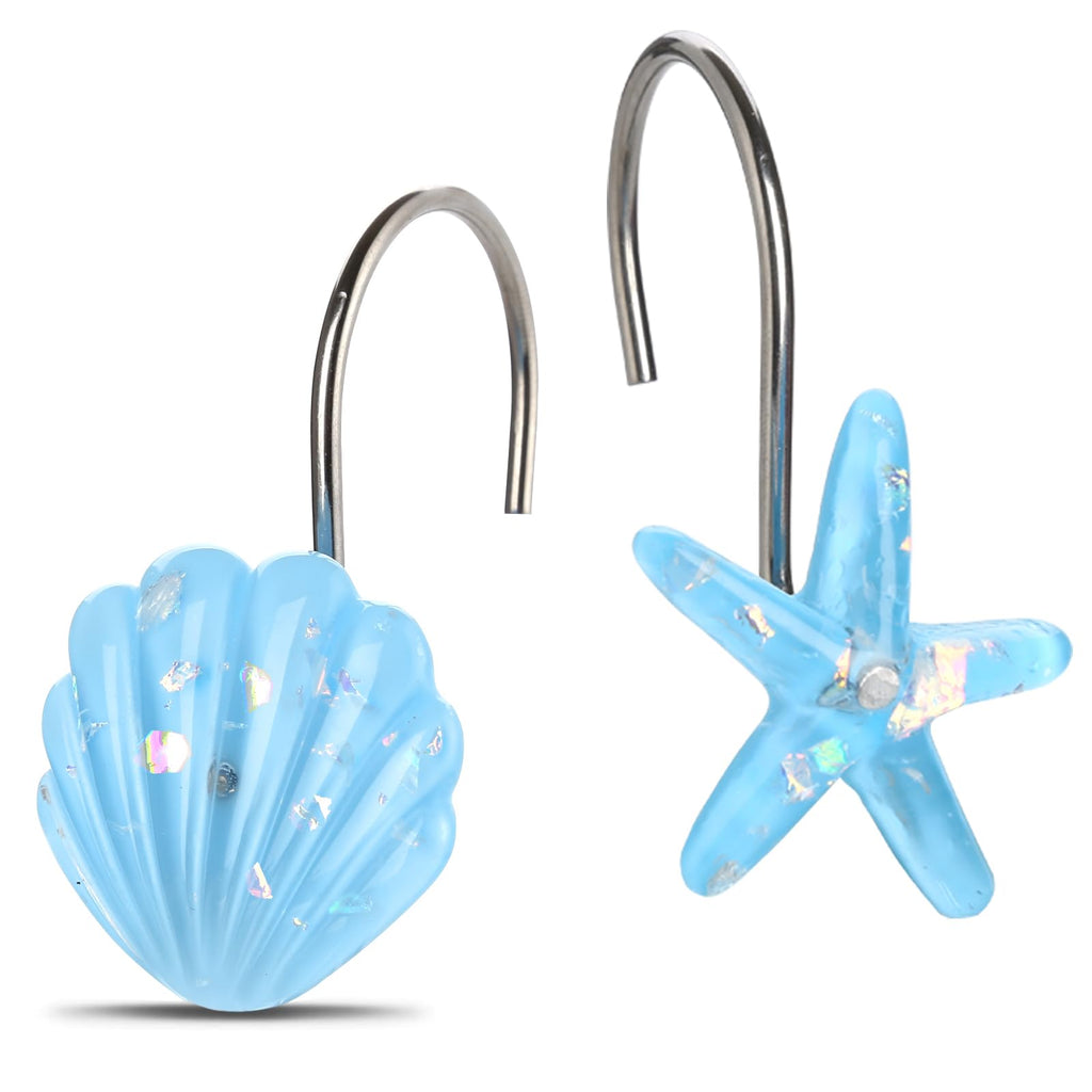 Seashell Shower Curtain Hooks, 12PCS Stainless Steel Anti Rust Starfish and Seashell Decorative Shower Hooks Ocean Theme Shower Curtain Hooks for Home Bathroom
