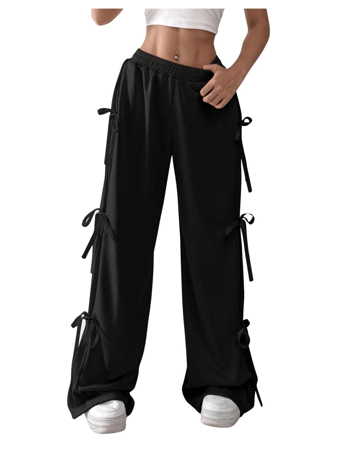 Women's Bow Wide Leg Sweatpants Elastic Waist Casual Baggy Pants with Pocket