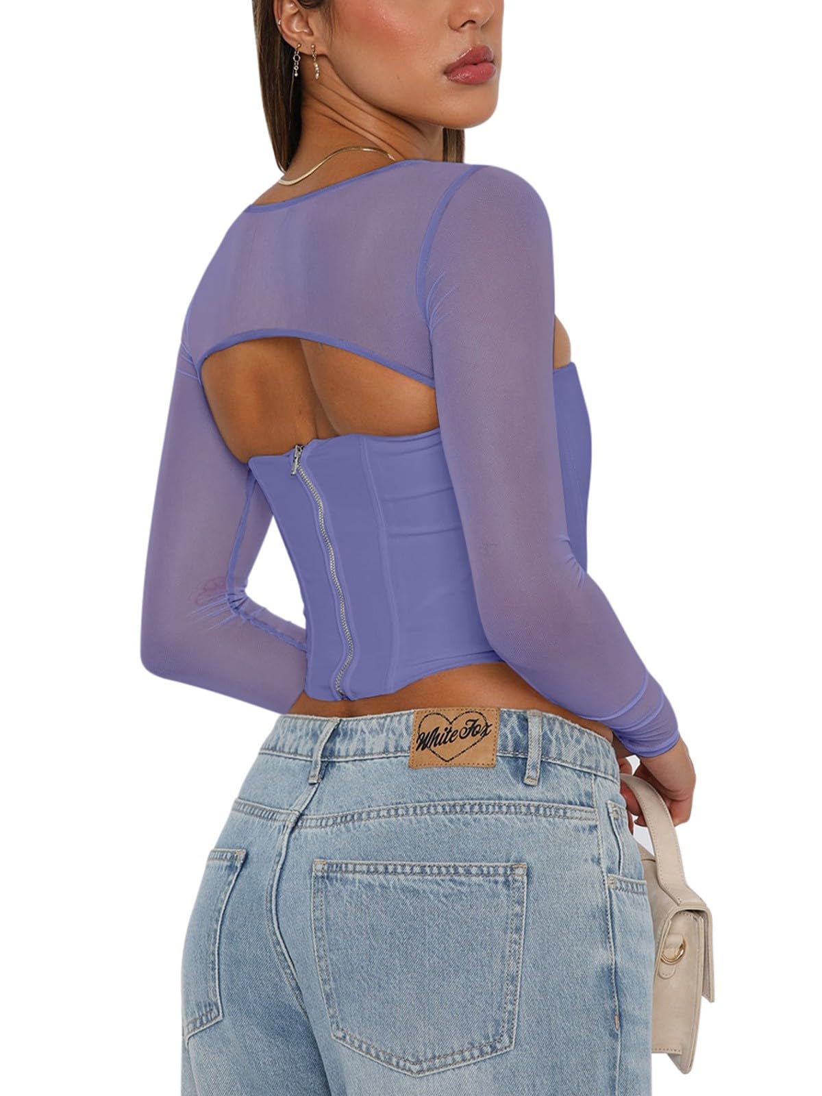 Women's Sexy Sheer Long-Sleeve Corset â€?Y2K Square Neck, Cropped Party Top