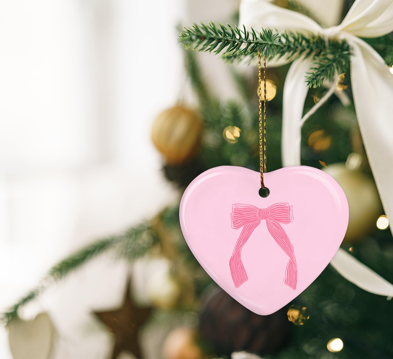 Coquette Trendy Pink Bow Ornament, Keepsake Sign for Decoration, Ceramic Heart