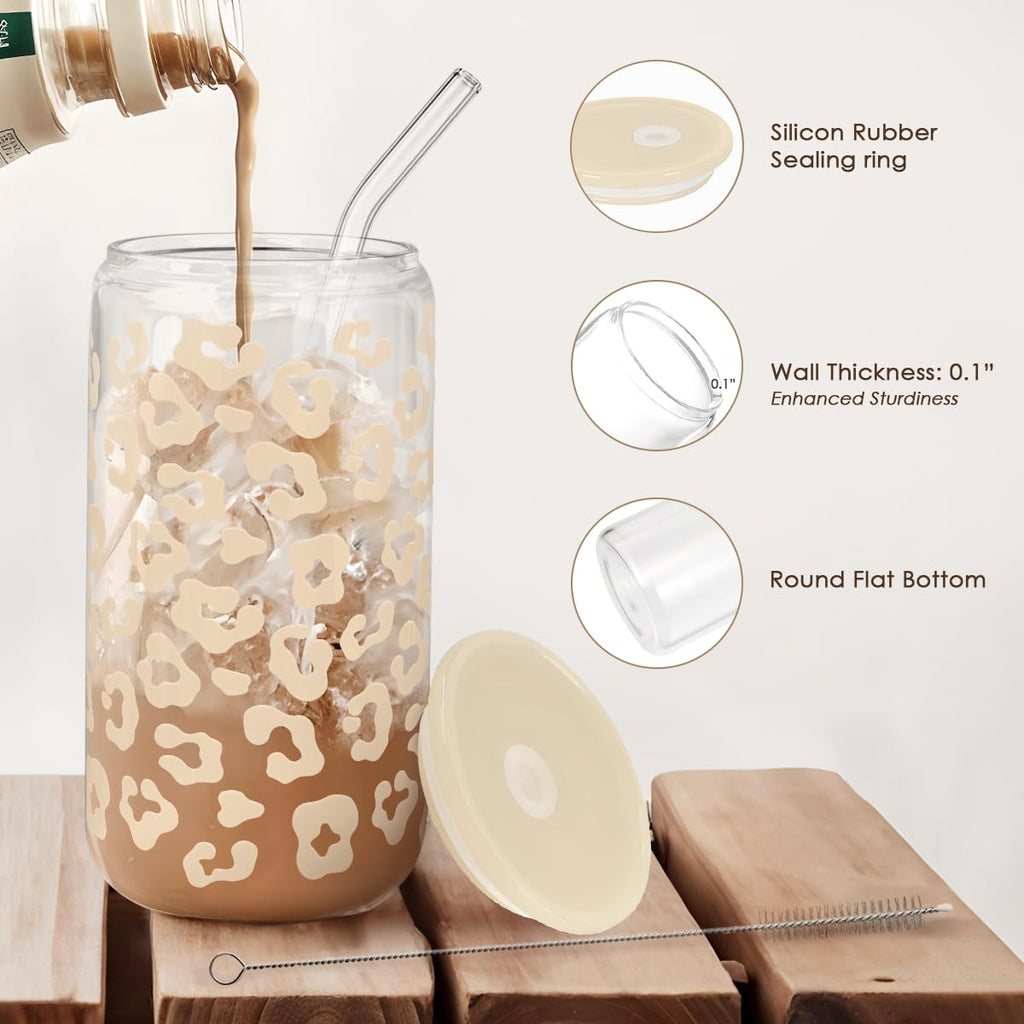Glass Cup with Lid & Straw, Iced Coffee Aesthetic Glass Can, 16oz