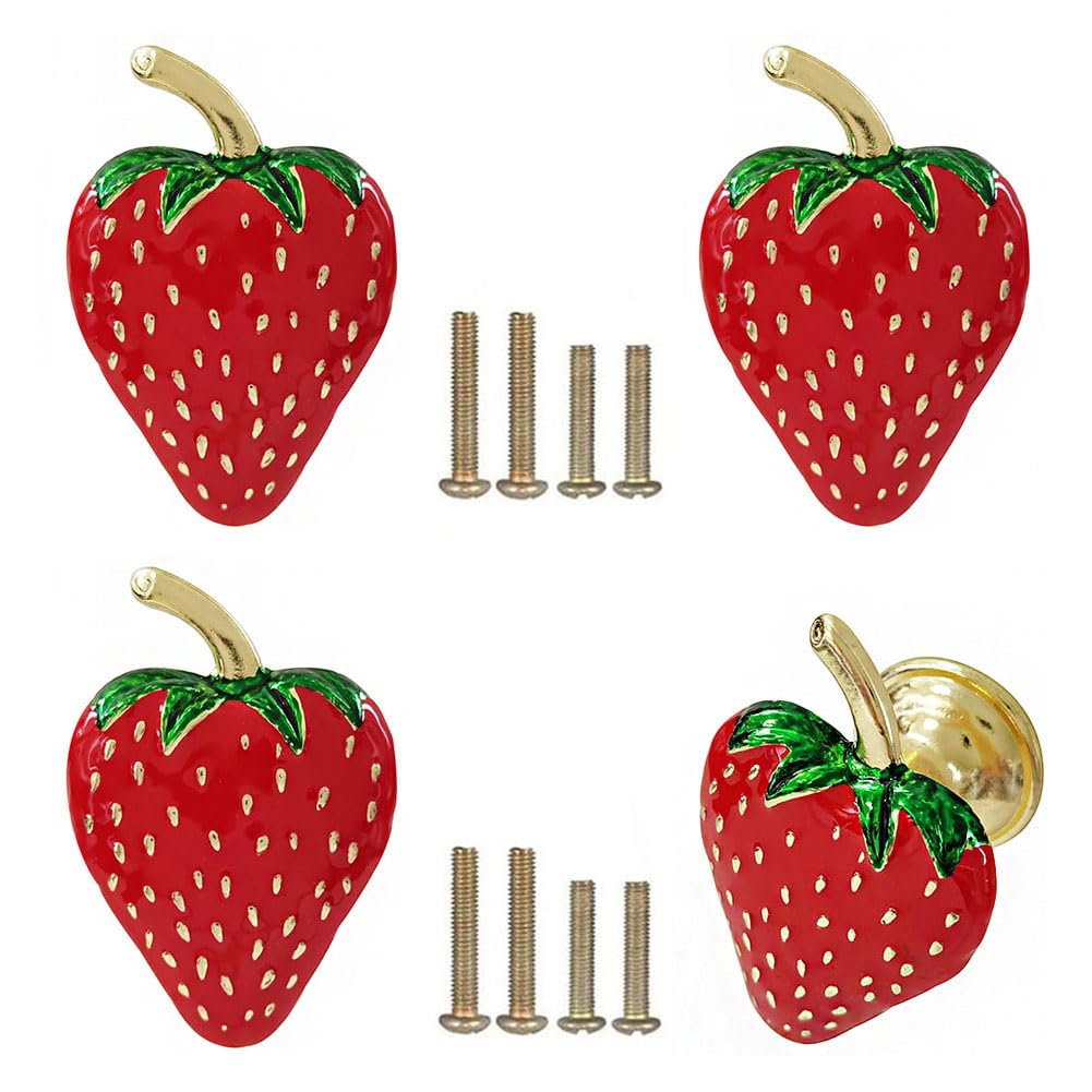 Strawberry Decor Kitchen Knobs, Drawer Handle Pull for Cupboard Dresser Wardrobe Door Home Furniture Hardware Single Hole Handle 4PCS