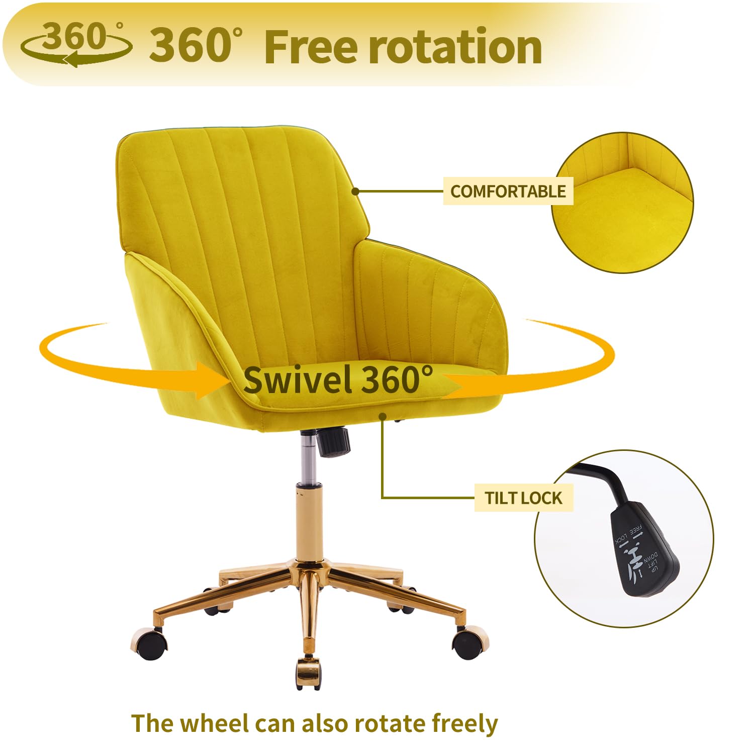 Modern Vanity Velvet Adjustable Low Back Rolling Chair, Twill Upholstered Cute Chair with Wheels