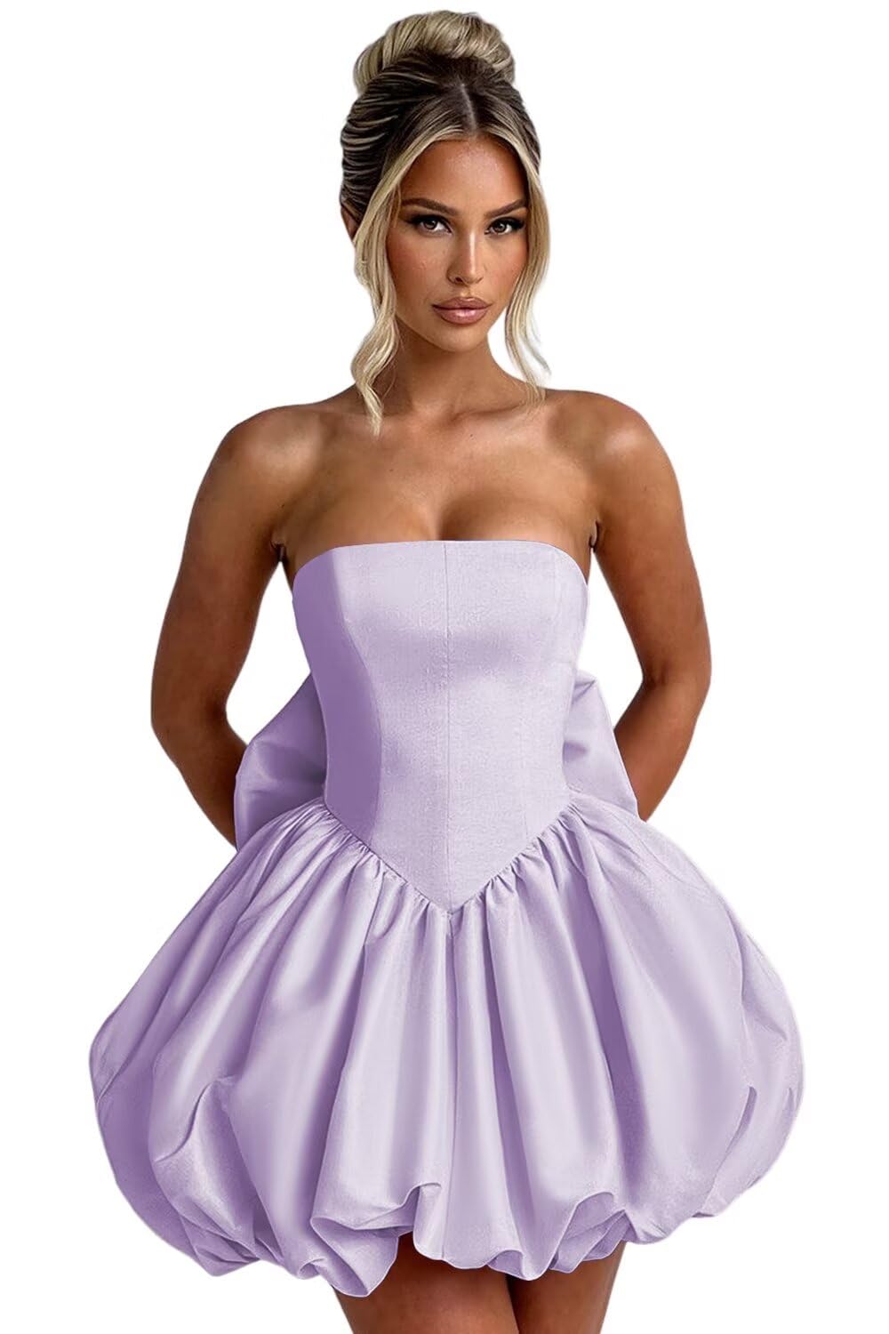 Satin Bubble Dress with Pockets Strapless Detachable Bow Short Ball Gowns A Line
