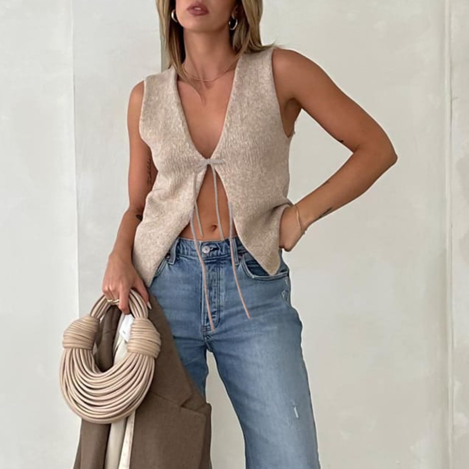 Y2k Button Down V Neck Sleeveless Crop Top Hollow Out Open Front Tank Crotchet