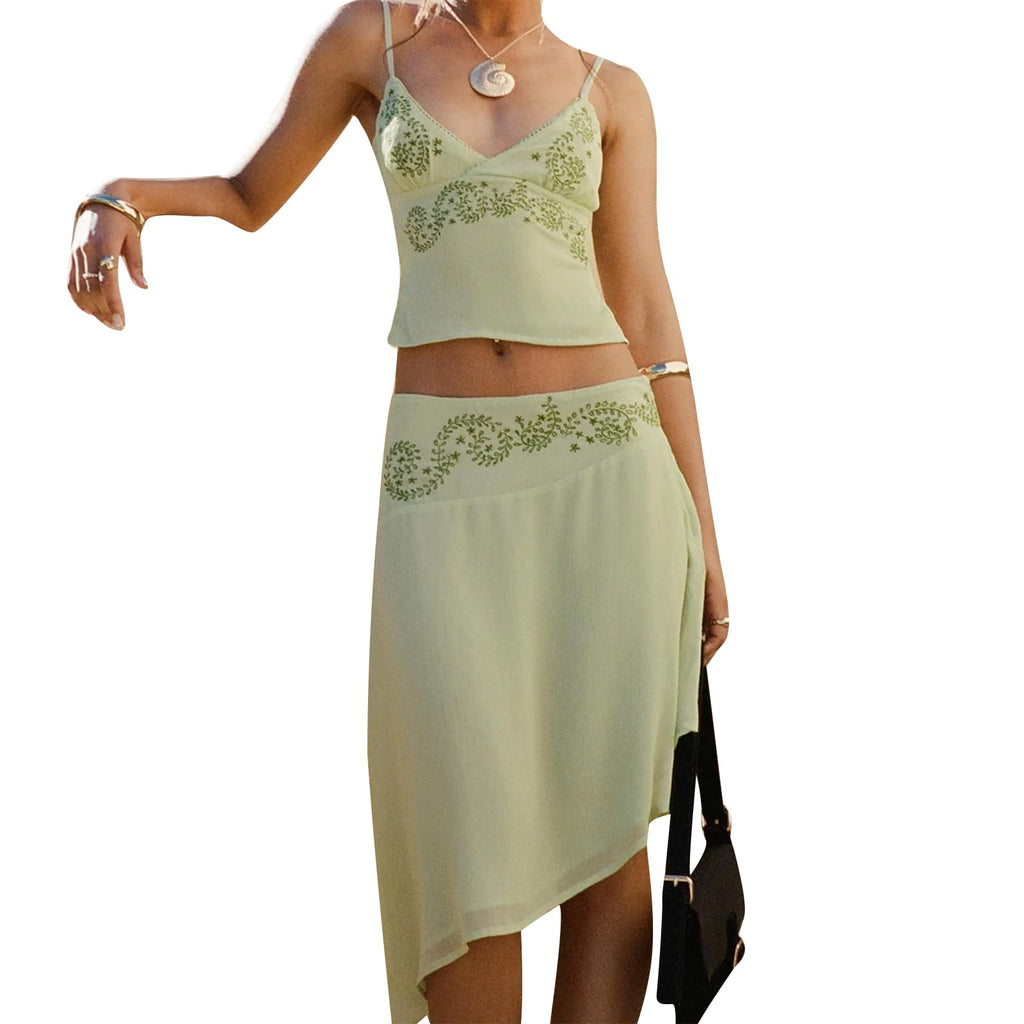 Midi-length Skirt Set for Women 2 Piece Outfit Boho Floral Print Crop Cami Sheer Mesh Irregular Midi Skirt Trendy