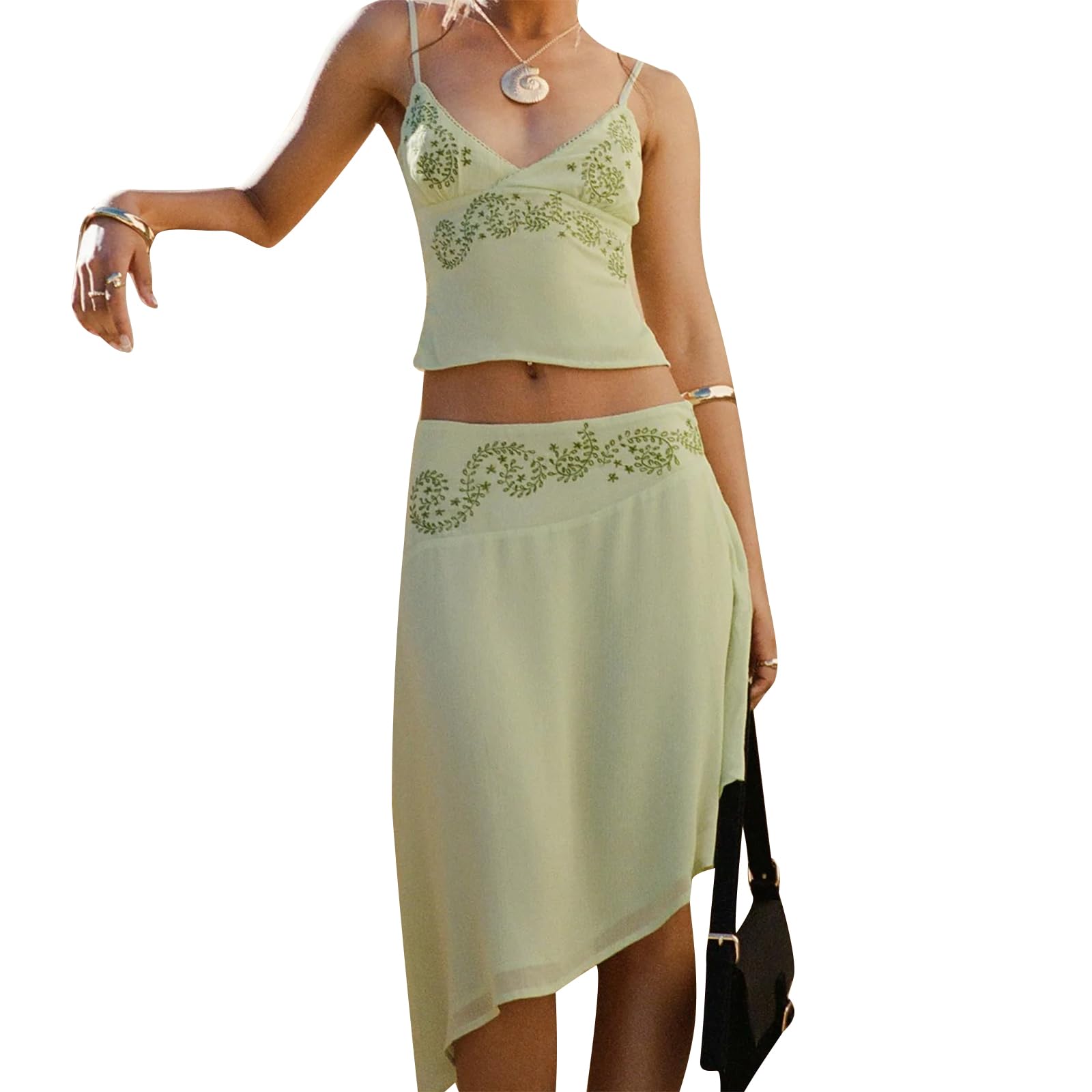 Midi-length Skirt Set for Women 2 Piece Outfit Boho Floral Print Crop Cami Sheer Mesh Irregular Midi Skirt Trendy