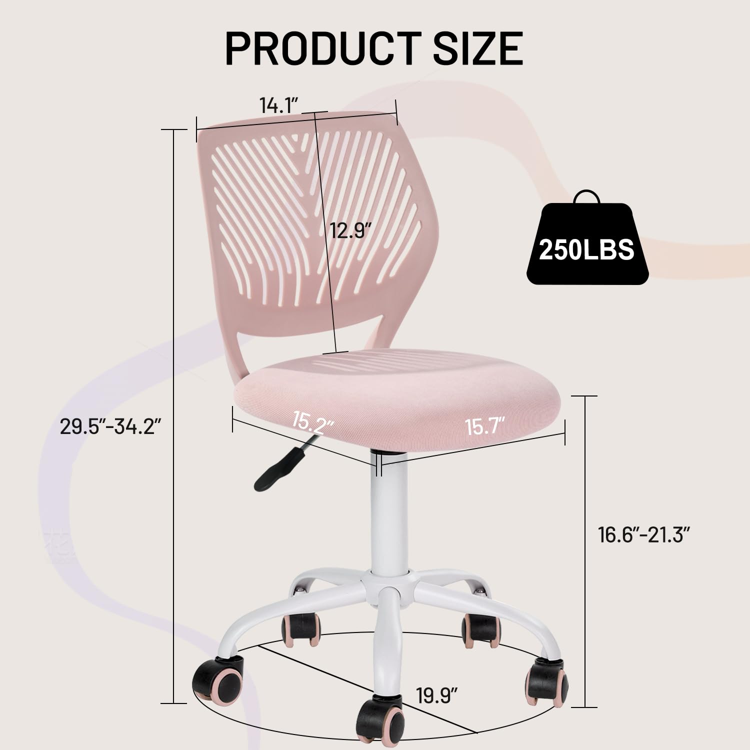Study Desk Chair Armless Cute, Ergonomic Small Swivel Adjustable Rolling Lightweight Task Chair with Wheels and Mesh Padded Cushion