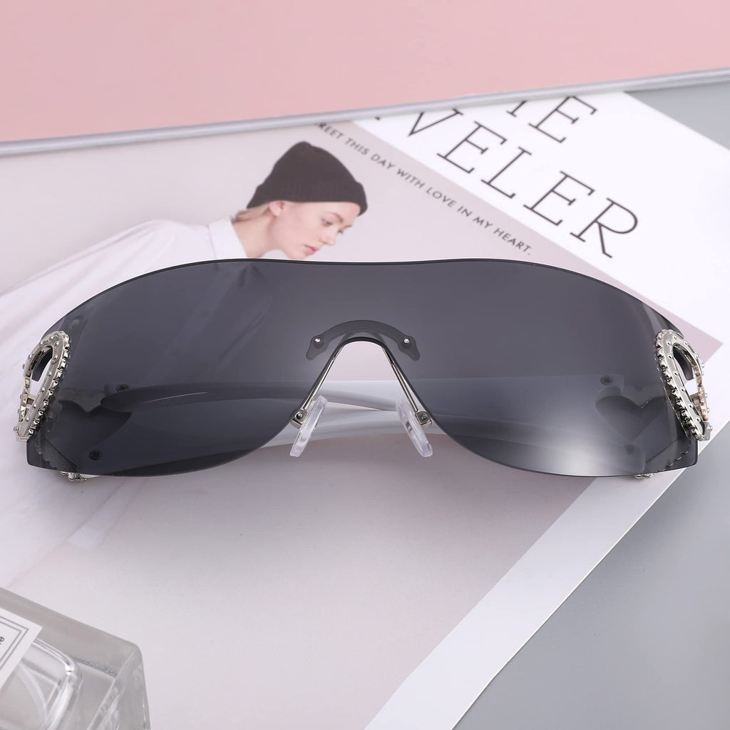 Wrap Around Heart Rhinestones Rimless Sunglasses Women Men, Oversized Fashion Futuristic Sun Glasses Cool Shade 2000S Trendy