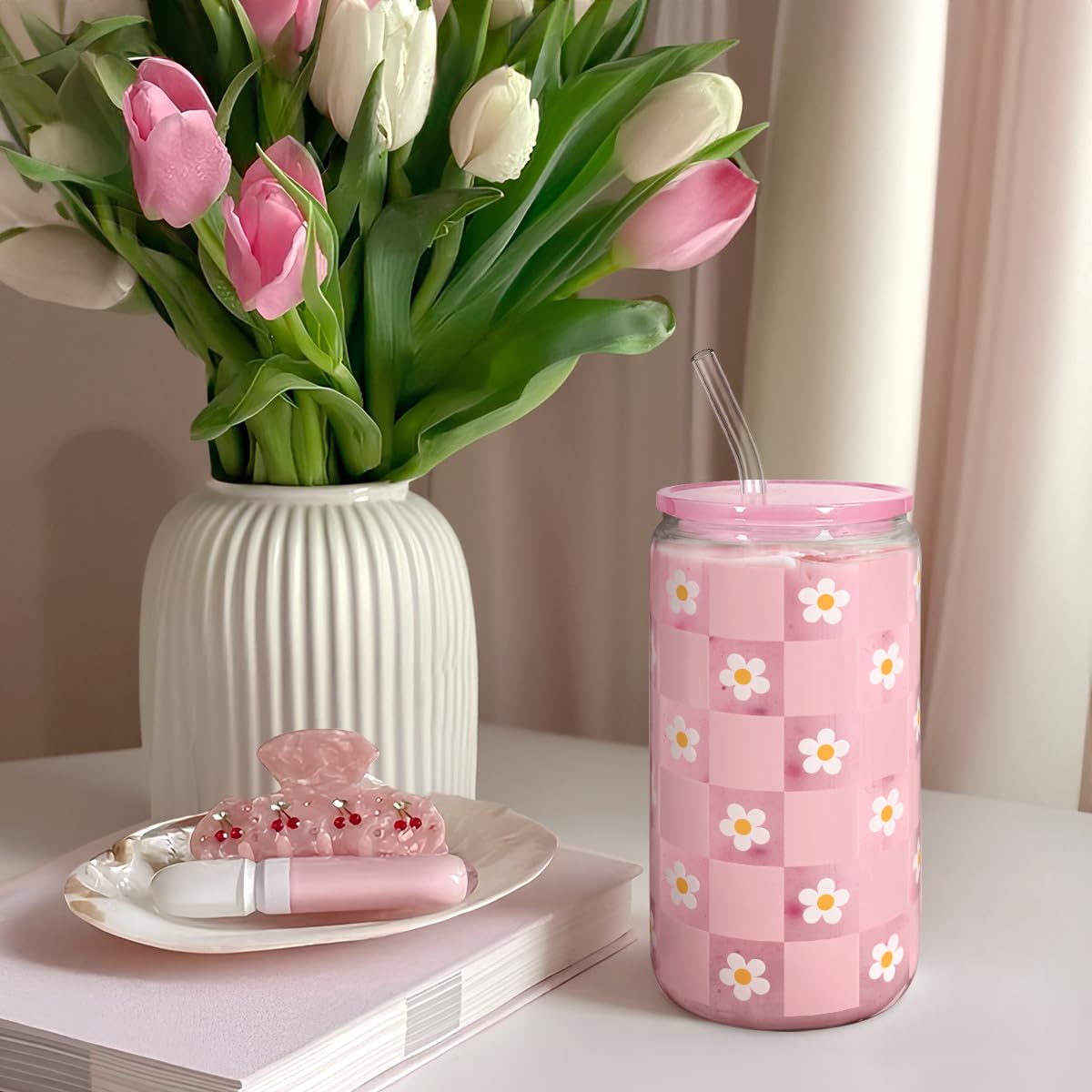 Glass Cup with Lid & Straw, Iced Coffee Aesthetic Glass Can, 16oz