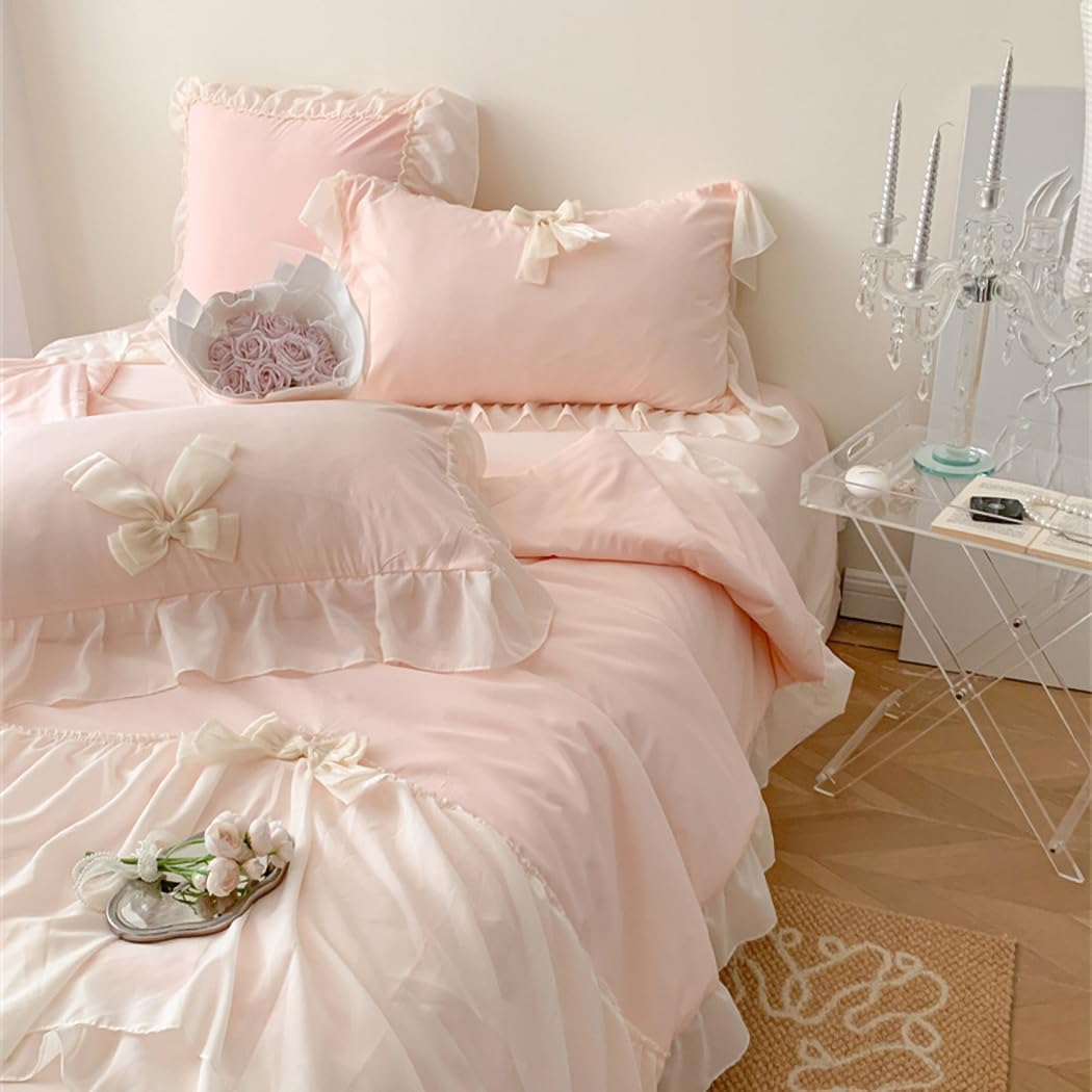 Ruffle Duvet Cover Bedding Set with Bowtie, 2 Pieces Comforter Cover Set with Zipper Closure with Pillowcase