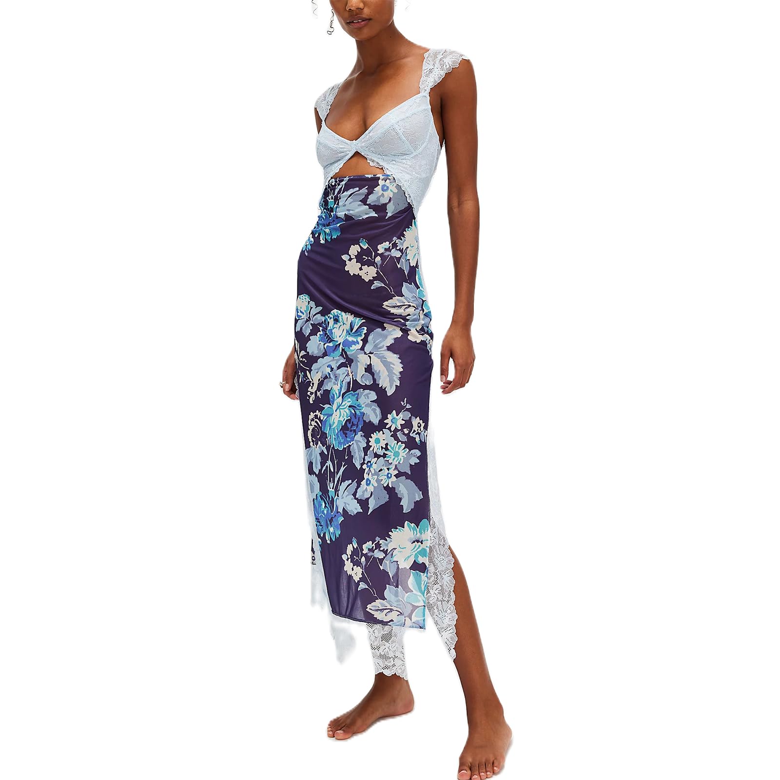 Women Sleeveless Maxi Dress Backless Bodycon Floral Printed Spaghetti Strap Long Dress Sheer Mesh Summer One-Piece