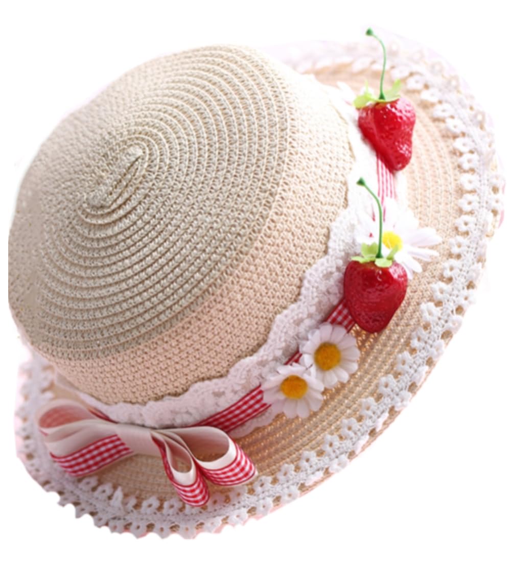 Lolita Strawberry Straw Hat for Women Teens Summer Outdoor Fashionable Wide Brim Beach Sun Hats UV Protection