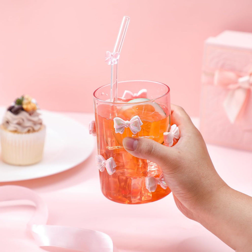 Set of 2 Coquette Aesthetic Bow Glass Cups with Straws 20 oz Reusable Pink Bow Glass Tumbler