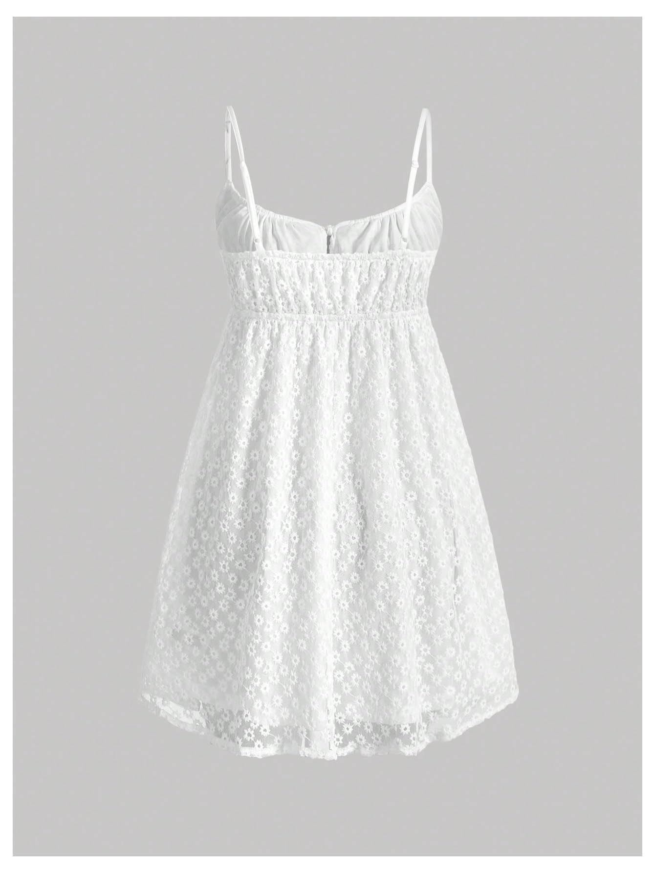 Women's Mesh Eyelet Embroidery Spaghetti Strap Cami Dress Backless Summer Mini Dresses Sundress