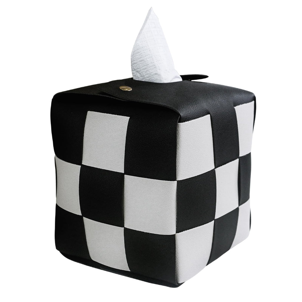 PU Leather Tissue Box Holder with Metal Buckle, Checkered Tissue Box, Decorative Organizer