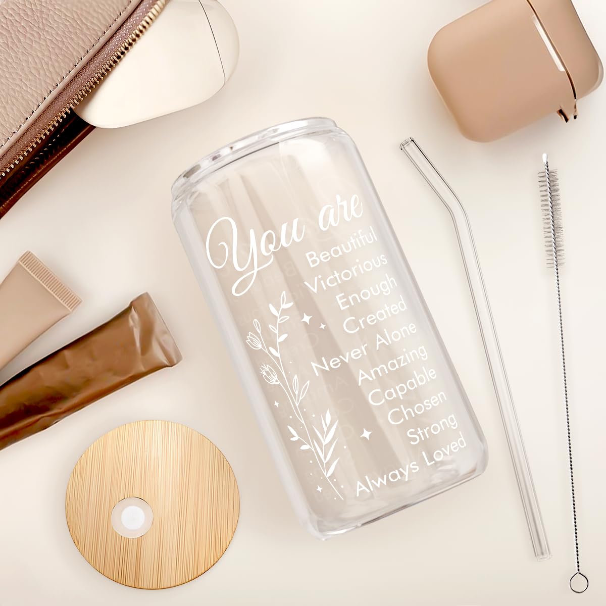 Glass Cup with Lid & Straw, Iced Coffee Aesthetic Glass Can, 16oz